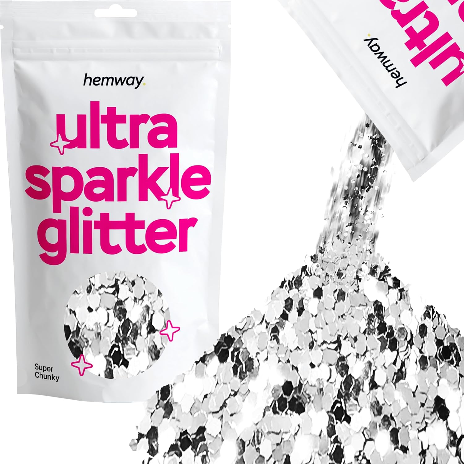 Hemway Ultra Sparkle Glitter – Brillantina metálica en escamas, multiusos, para manualidades, uñas, cosméticos, resina, rostro y cabello, plateado,