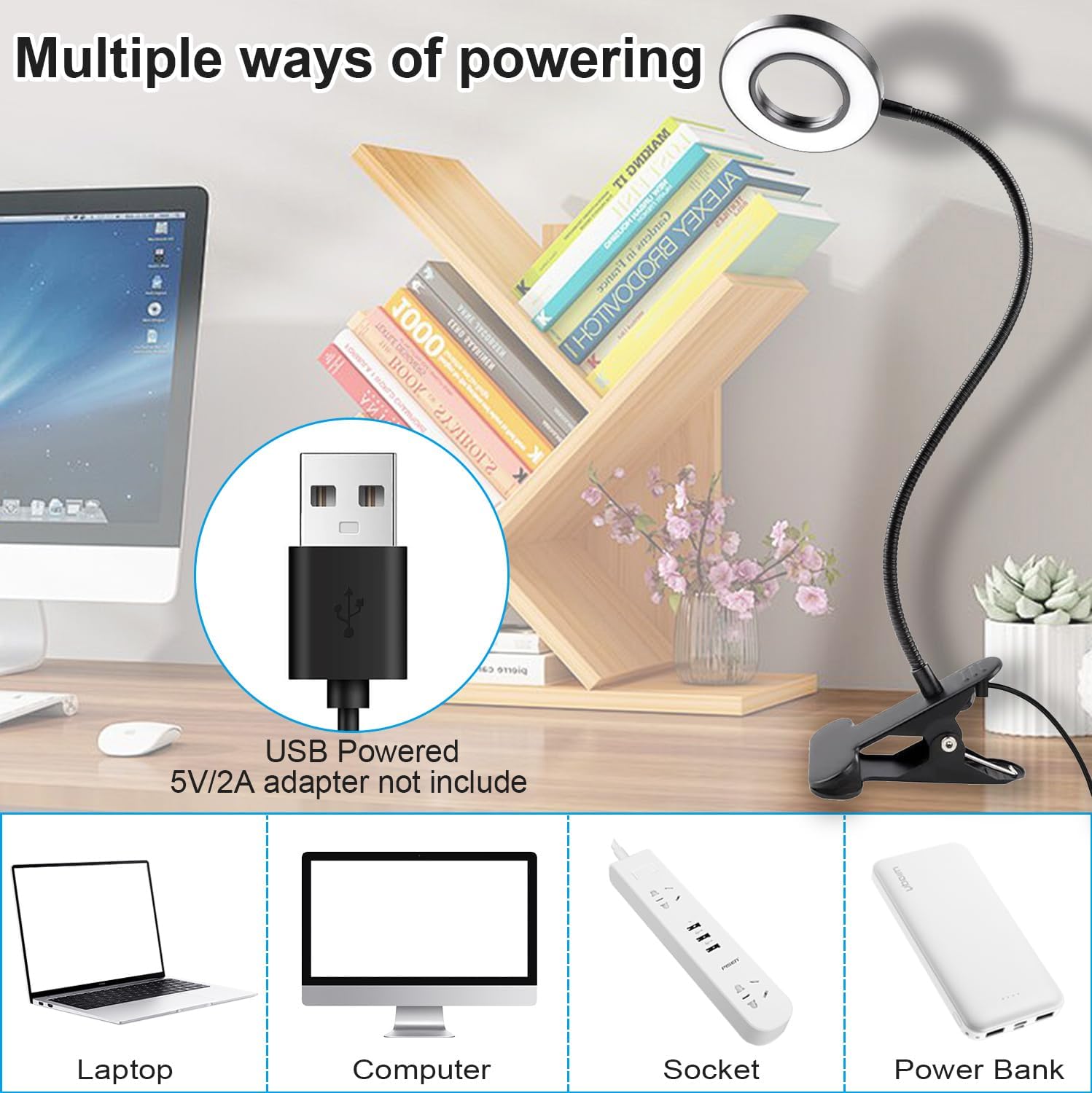 Miady Paquete de 2 lámparas LED con clip para leer en la cama, luces de lectura recargables, 3 modos de color con 10 niveles de brillo, cuello de