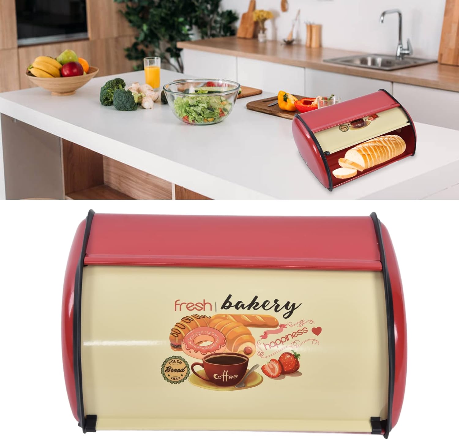 TOPINCN Caja de pan de metal para almacenamiento de cocina, caja de pan, caja de almacenamiento para tambor, contenedor de suministros retro
