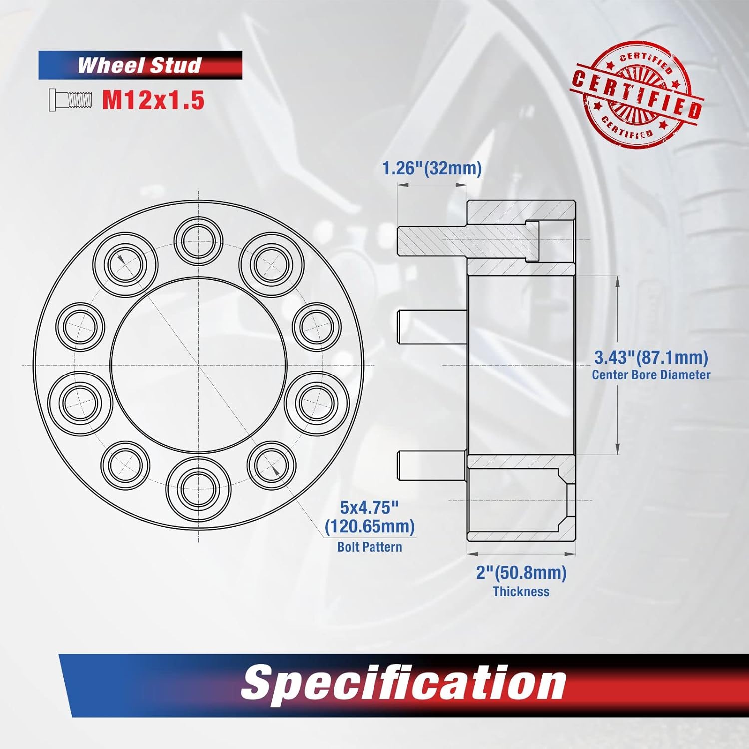 MOCA 2.000 in 5×120.65 espaciadores de rueda centrados (diámetro de 3.429 in)  pernos M12x1.5 aptos para Chevrolet Corvette S10 Camaro y para GMC