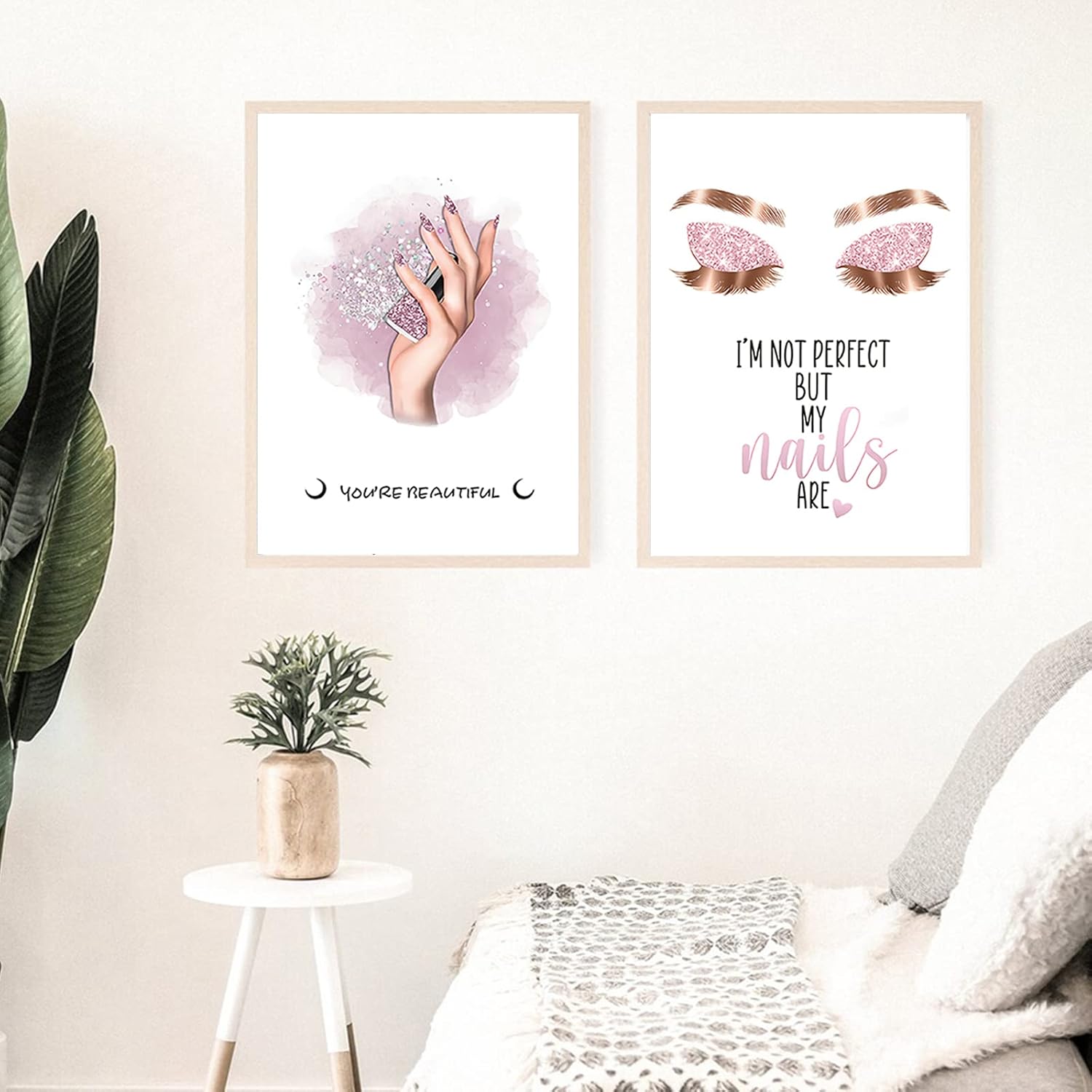 Bankrenart Arte de pared de maquillaje rosa con pestañas, arte de pared de moda, decoración de habitación de niña, sin marco, decoración de pared