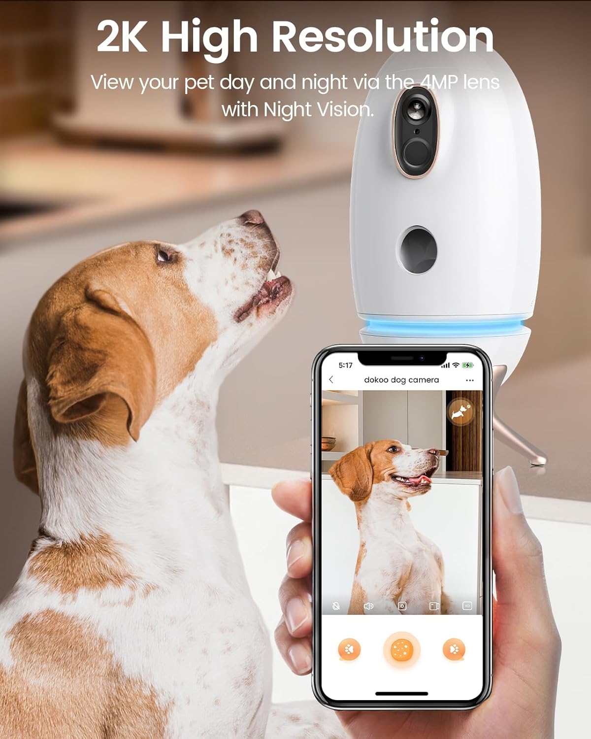 Cámara para perros con dispensador de golosinas, cámara de visión de 330 para mascotas con cámara HD de 2K4MP, cámara Wi-Fi de 2.4 GHz para gatos