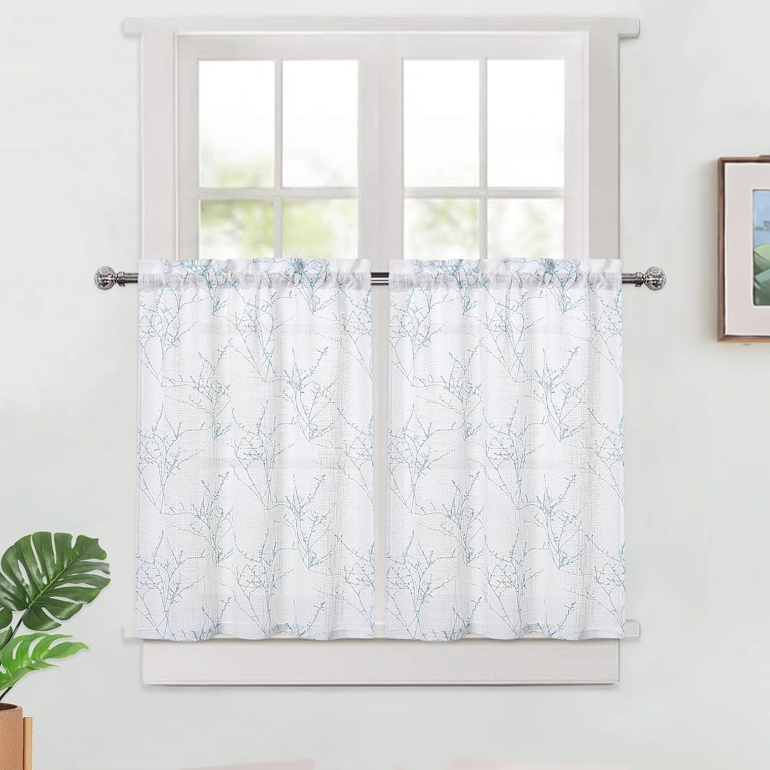 Cortinas de cocina con ramas de árbol natural, cafetería, decoración de granja, ramita floral, cortinas de media ventana, juego de filtrado de luz