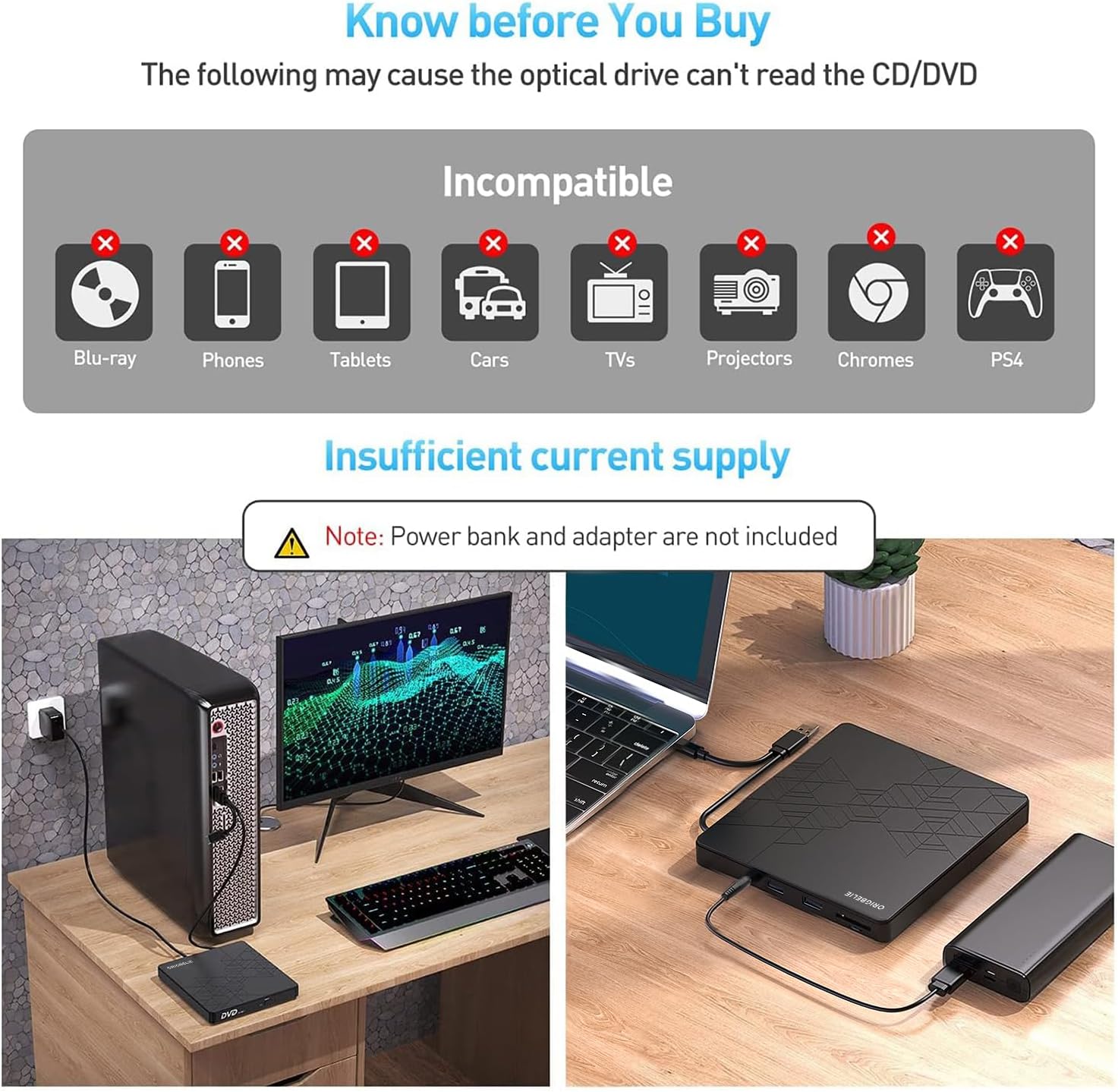 ORIGBELIE Unidad externa de CD y DVD, grabadora de CD USB 3.0 con 2 puertos USB y 2 ranuras para tarjetas TFSD, unidad de disco óptico para portátil