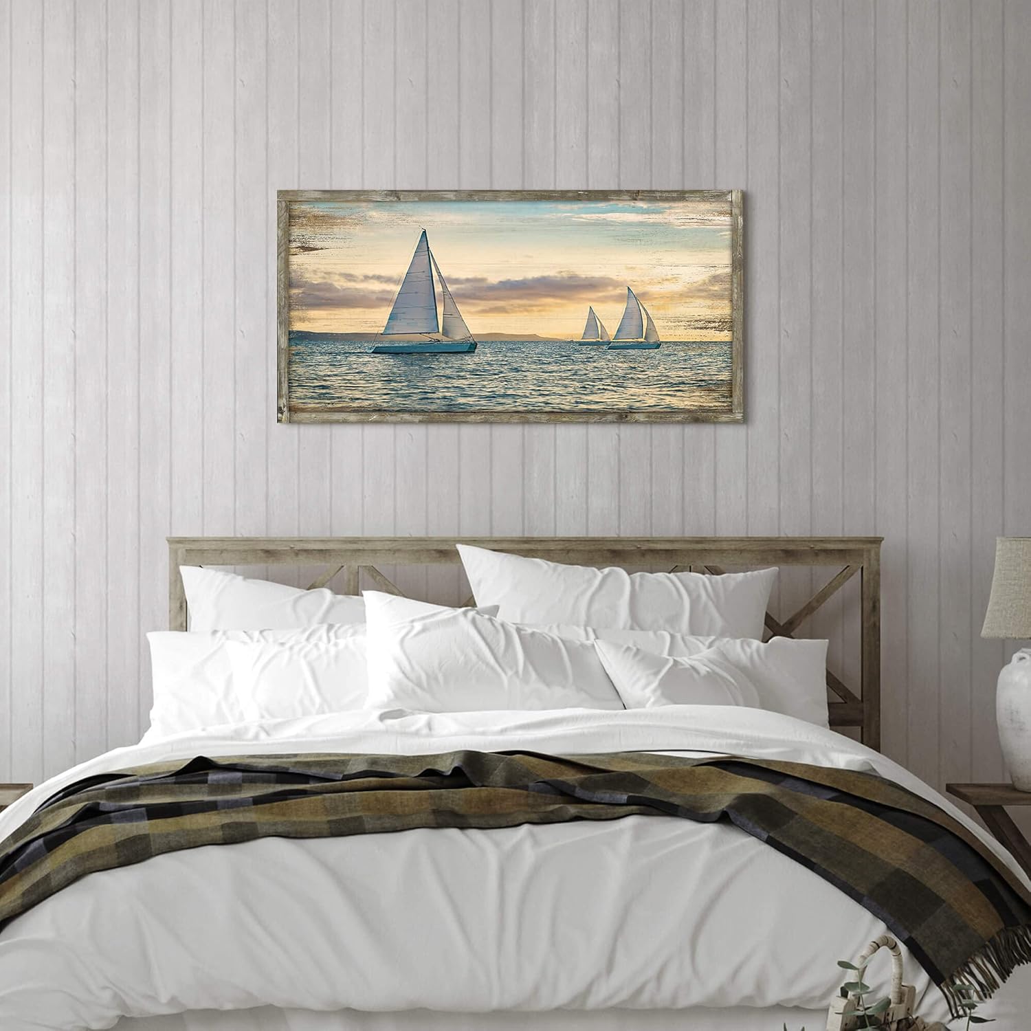 Arte de pared de madera enmarcado en el océano arte de pintura costera de 40 x 20 pulgadas, decoración de velas, puesta de sol, paisaje marino,