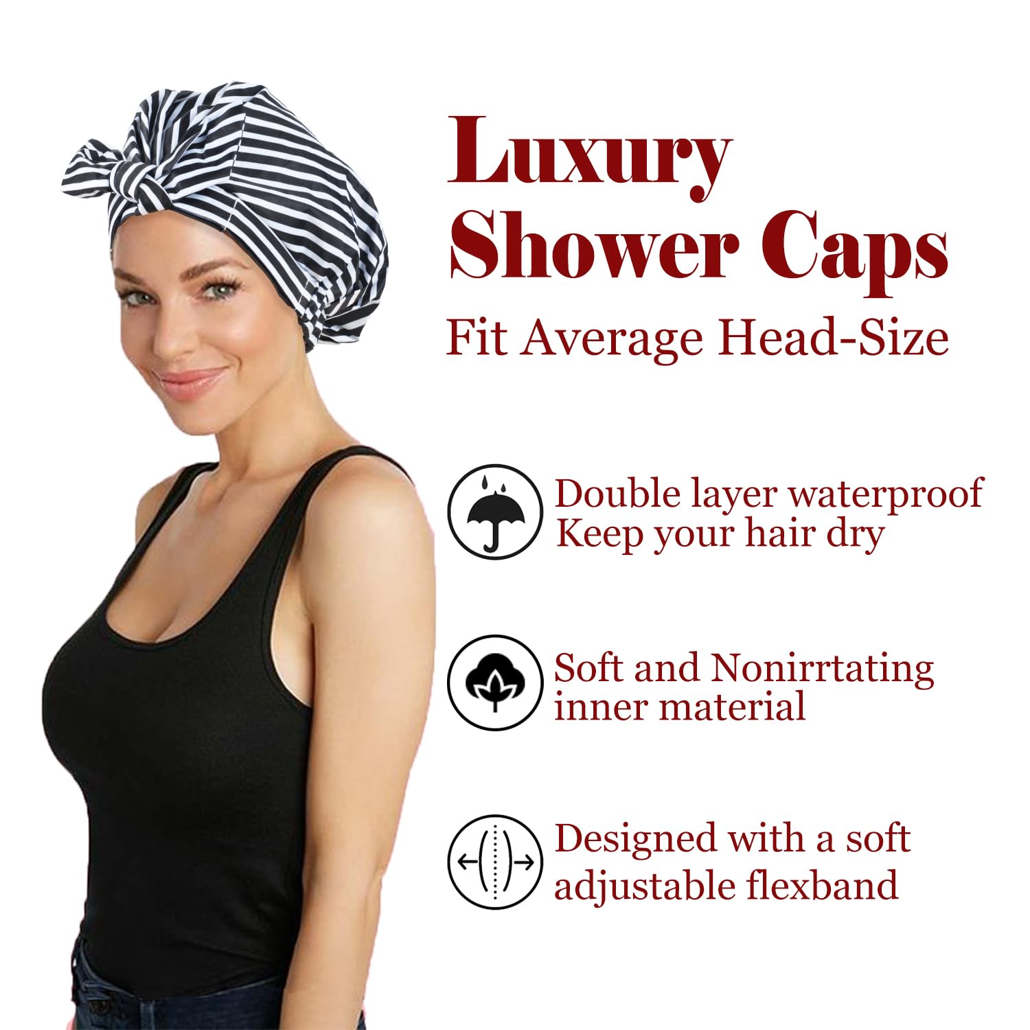 Luvruitaky Gorro de ducha de lujo para mujer, reutilizable, impermeable, para ducha, con moño ajustable, gorro de baño (rayas negras)