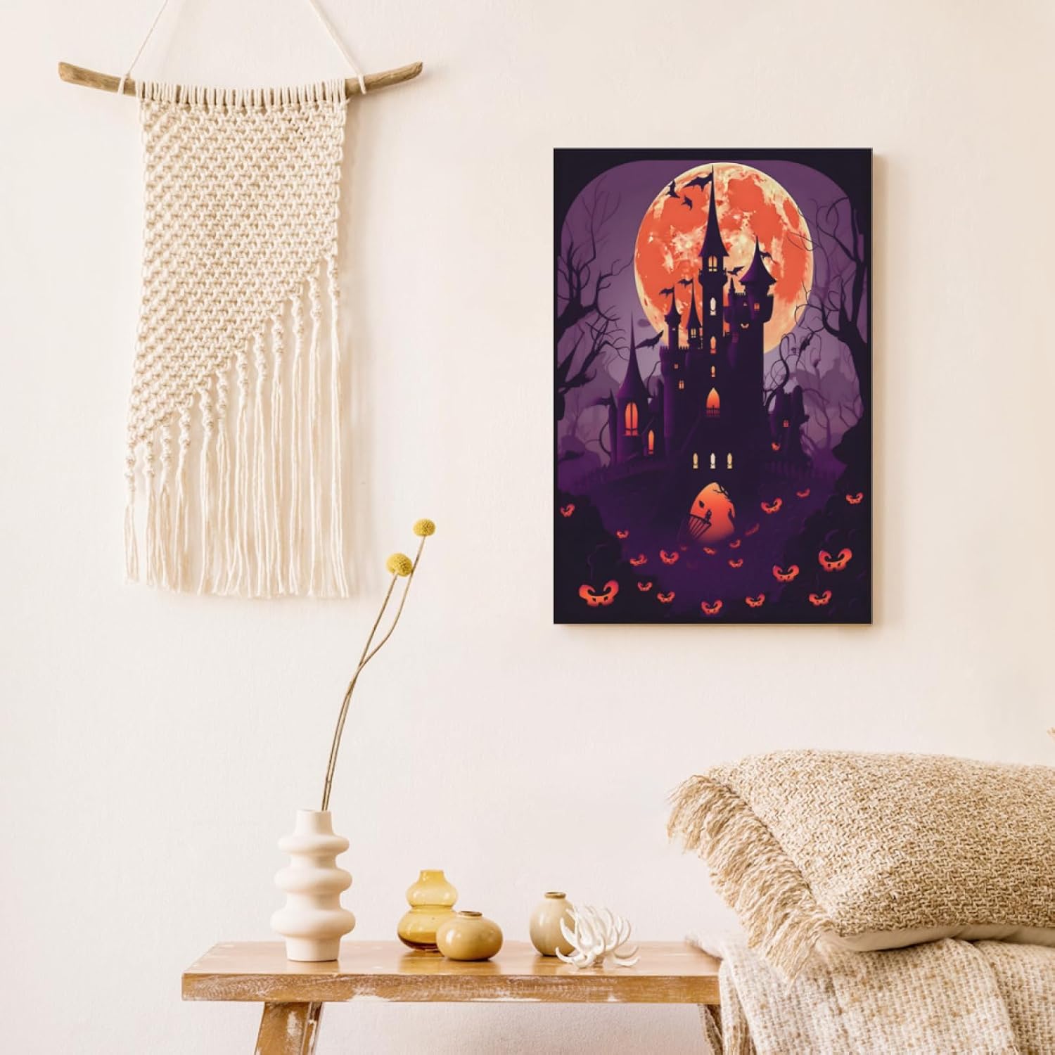 Fxluxar Póster divertido de fantasma, lienzo de castillo bajo luna de sangre, arte espeluznante, impresión de imagen de arte retro oscuro,