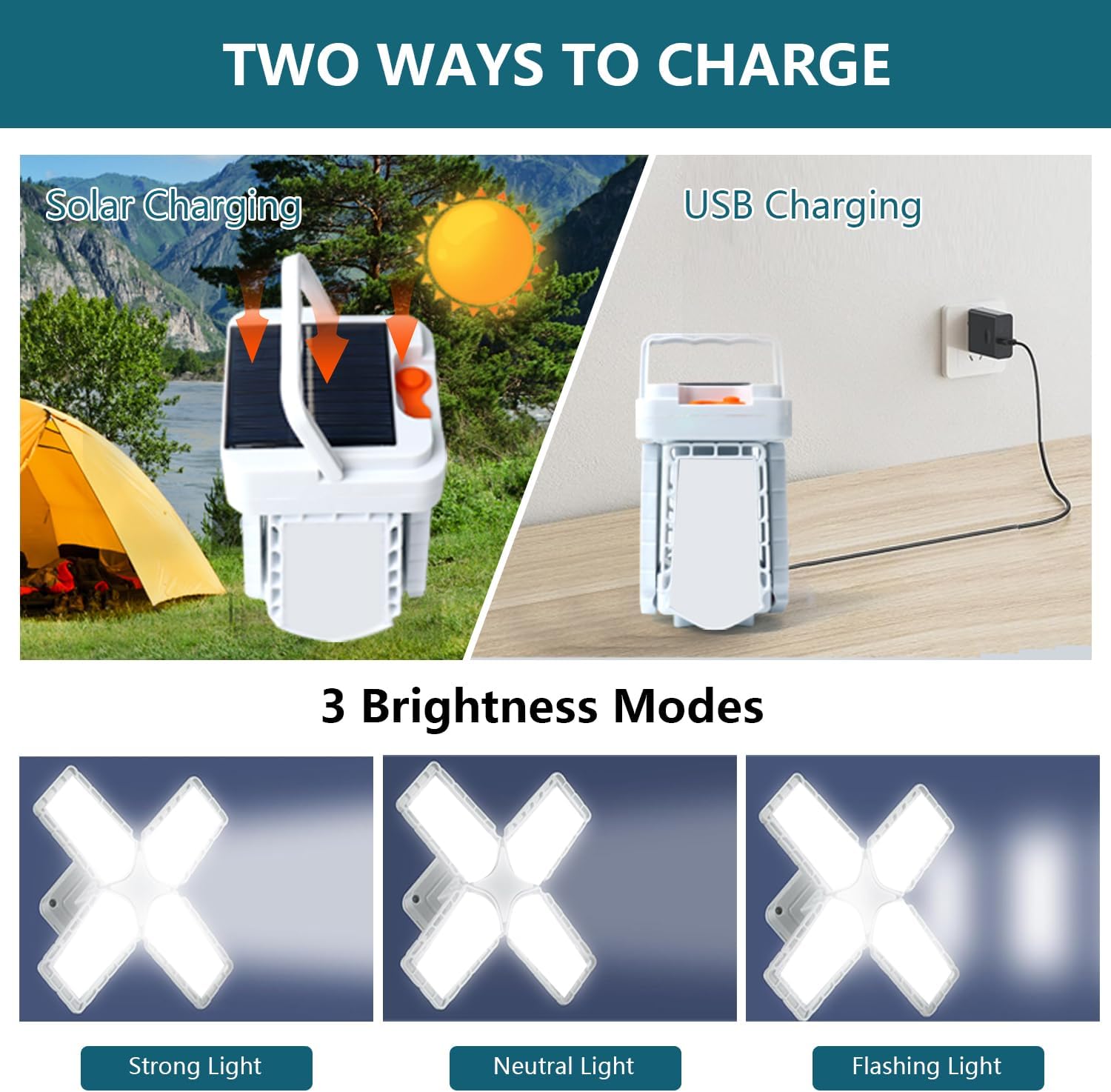 Faroles solares para acampar recargables de 5600 lúmenes, linterna de camping plegable, funciona con energía solar, 3 modos de iluminación, luces