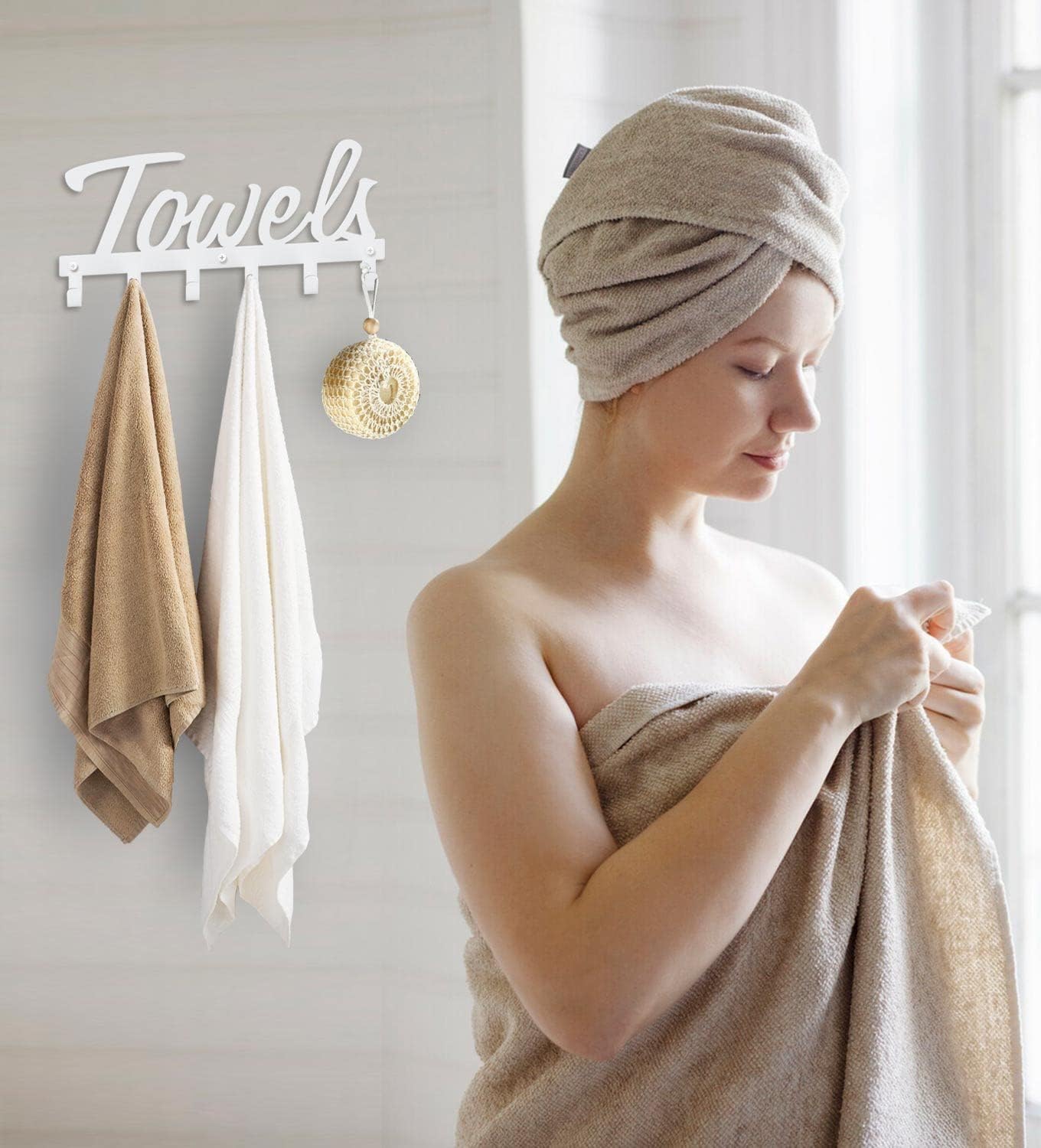 Livelab Toallero, toallero para baño montado en la pared, 6 ganchos blanco para ahorrar espacio en el baño, impermeable, resistente al óxido, fácil