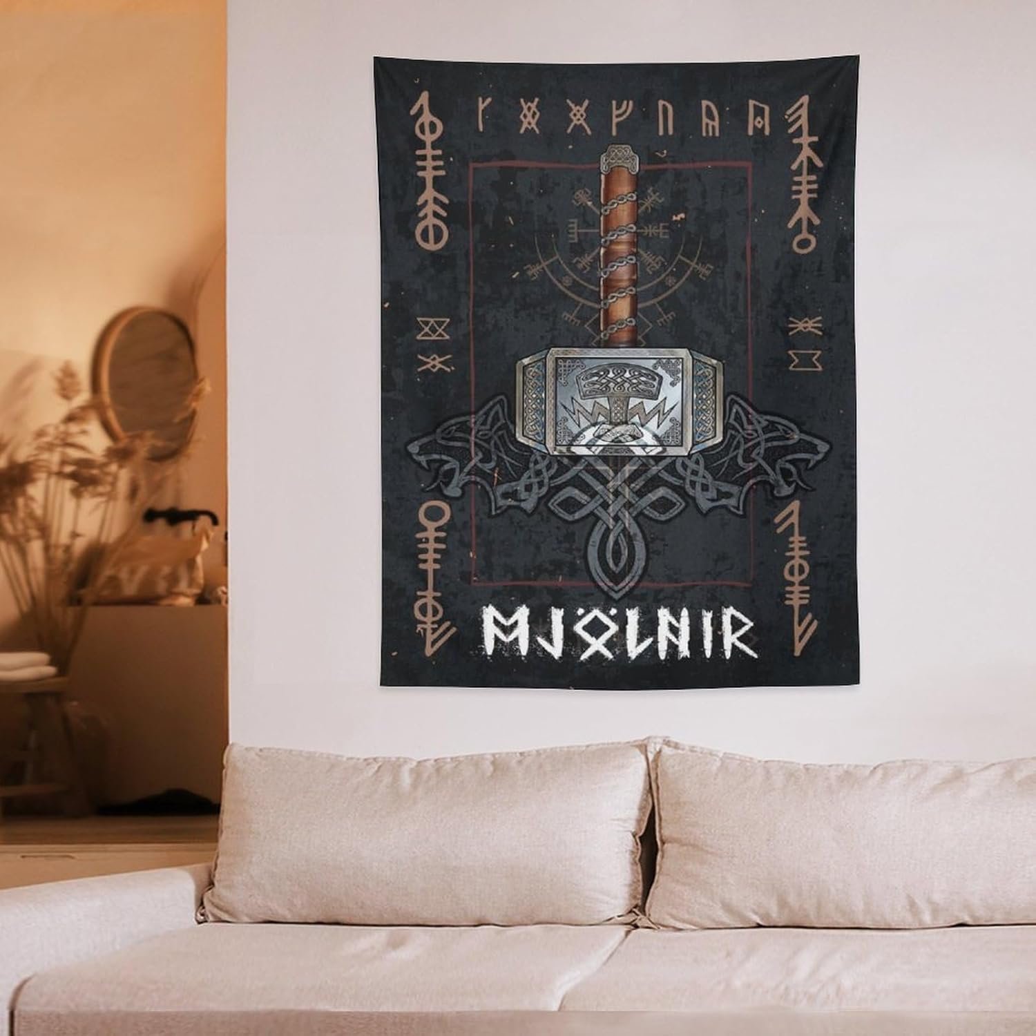 Tapiz de mitología nórdica, tapices de Mjolnir, pintura artística de pared, regalo de sala de estar, impresiones para decoración de dormitorio,