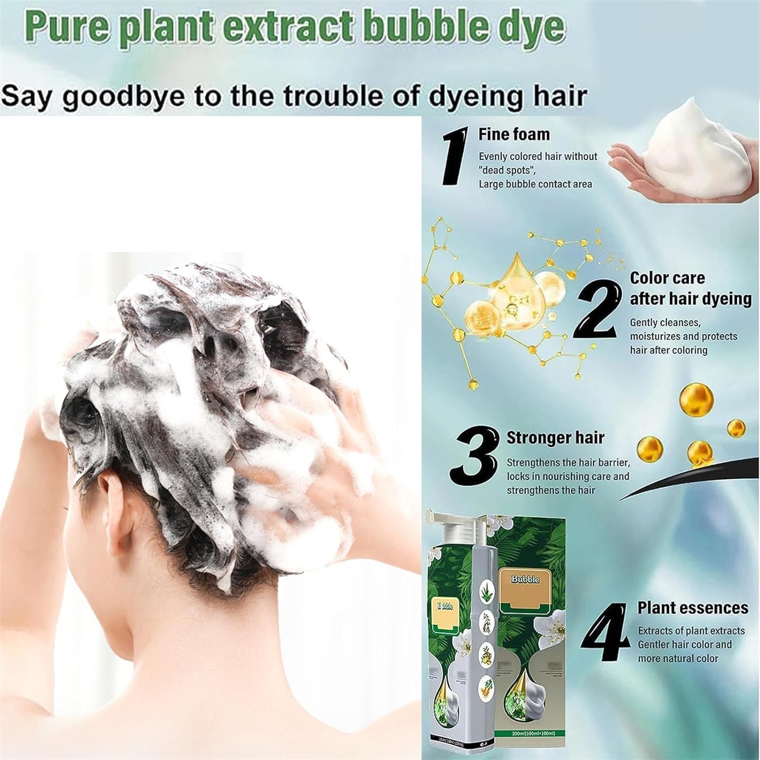 Tinte de burbujas de color de cabello gris, tinte de burbujas para el cabello, champú de tinte de burbujas, extracto de planta puro para tinte de