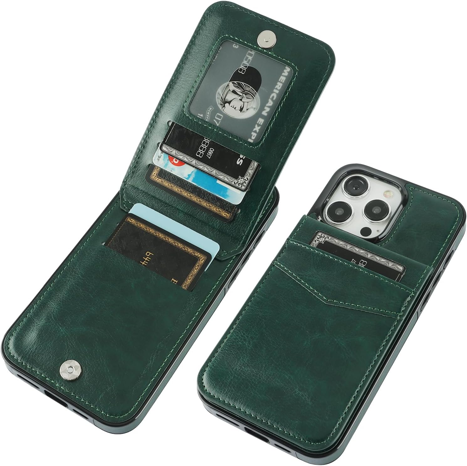 KIHUWEY Funda compatible con iPhone 15 Pro Max con soporte para tarjeta de crédito, cierre magnético de cuero de alta calidad, función atril, funda