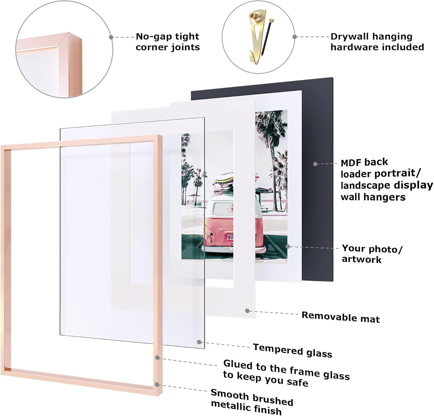 Homeforia – Marco metálico color oro rosado de 16 x 20pulgadas con paspartú de 11 x 14pulgadas, para pared, marco de aluminio con vidrio templado