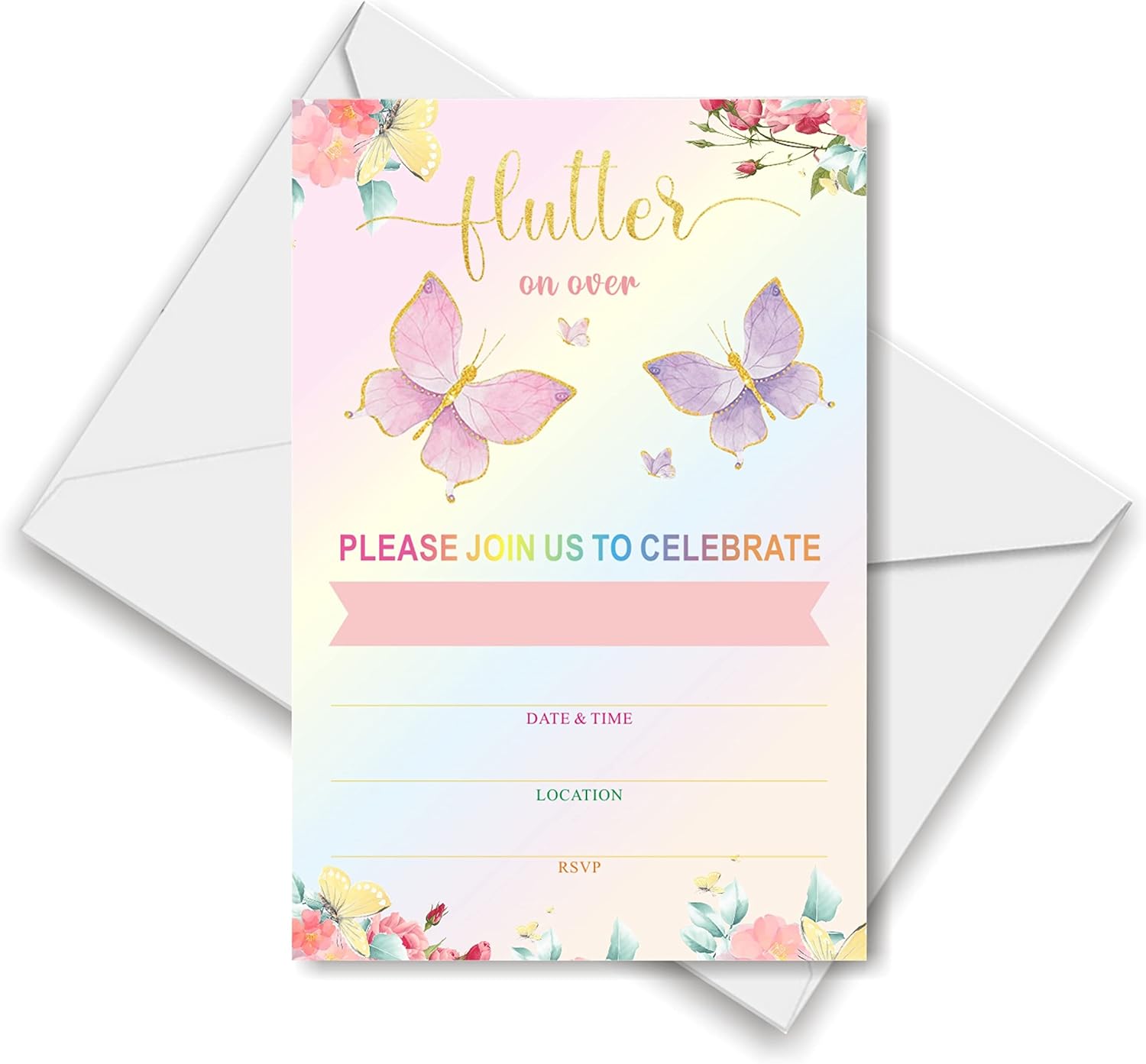 Juego de 25 invitaciones de mariposa con sobres para fiesta de mariposas, baby shower, niñas, fiesta de cumpleaños, boda, despedida de soltera,