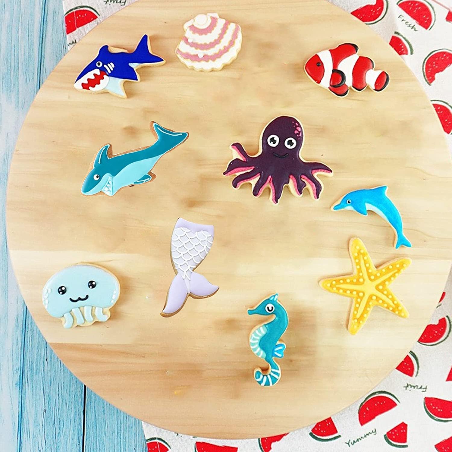 Ocean Creatures – Juego de 12 cortadores de galletas de metal bajo el mar, moldes para hornear delfín, pez payaso, pulpo, caballito de mar,