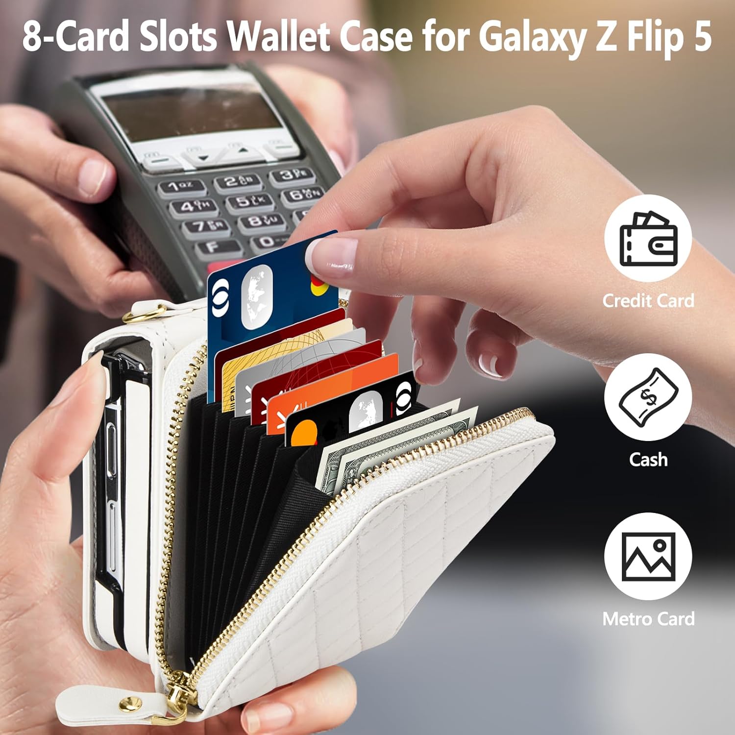 Vofolen Funda para Samsung Galaxy Z Flip 5 con tarjetero, funda cruzada de 8 ranuras para tarjetas con correa ajustable, piel sintética suave con