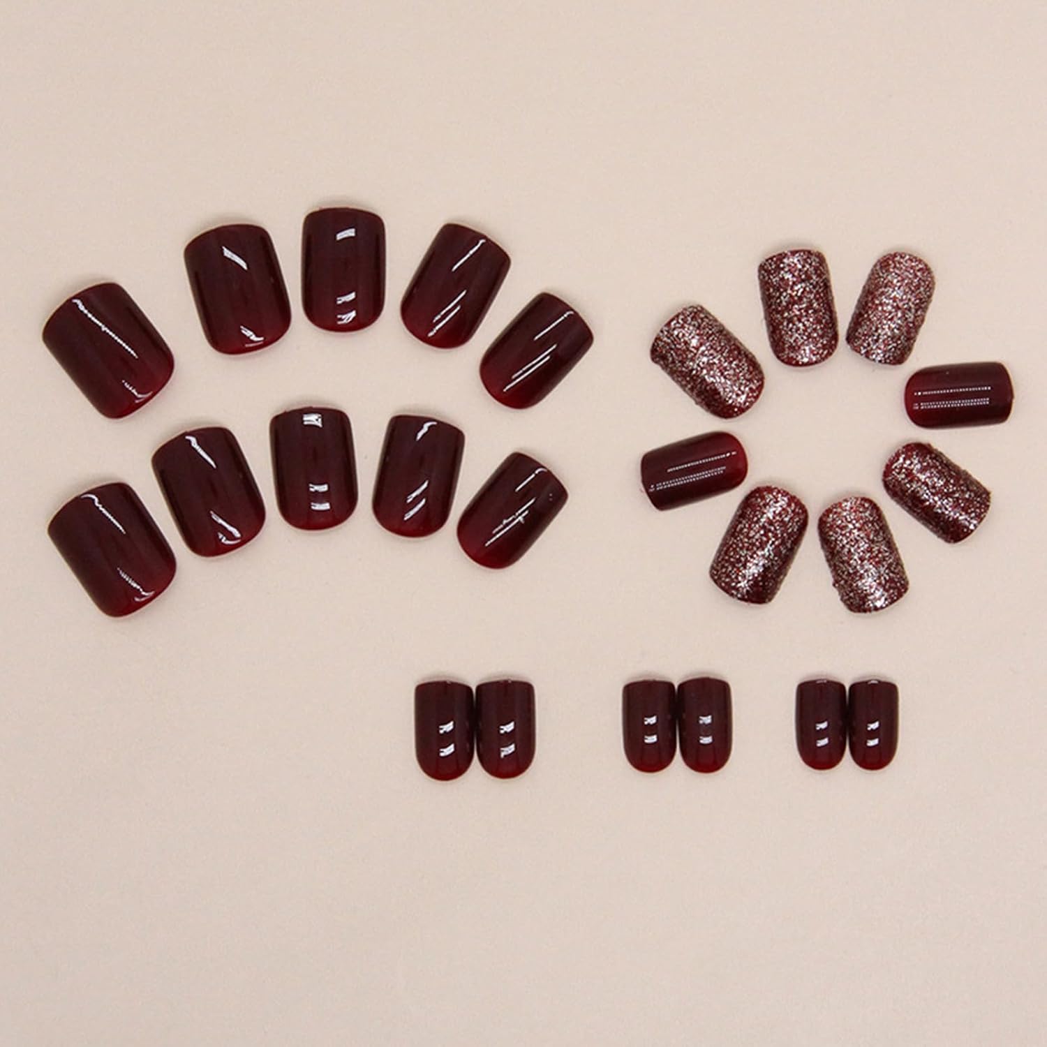 Uñas postizas cortas a presión color burdeos, uñas acrílicas de color sólido, uñas postizas de otoño, uñas postizas de forma cuadrada, uñas con