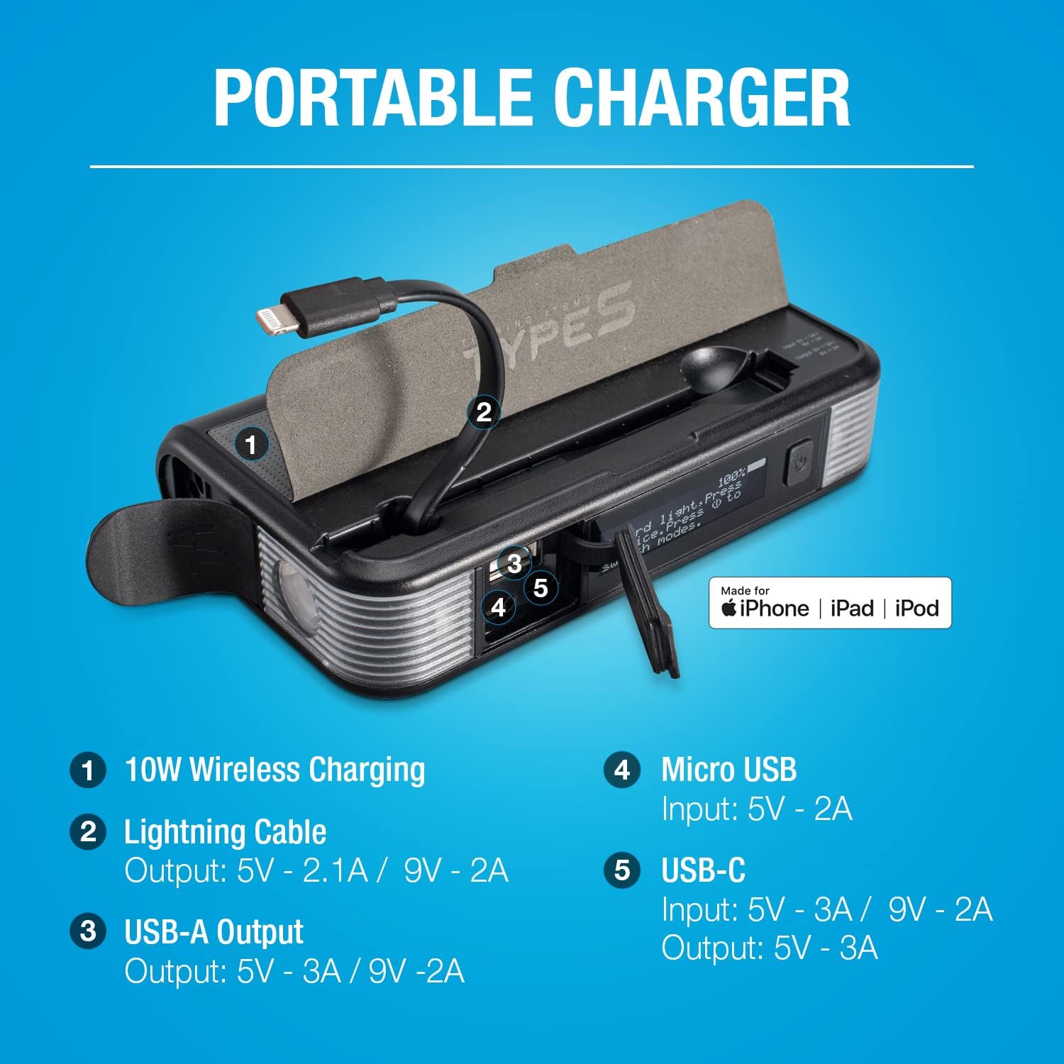 Tipo S 1000A Batería de coche Arrancador 12V 6.0L Gas 3.0L Diesel, 8000mAh Banco de energía portátil Cable Lightning integrado, certificado MFI,