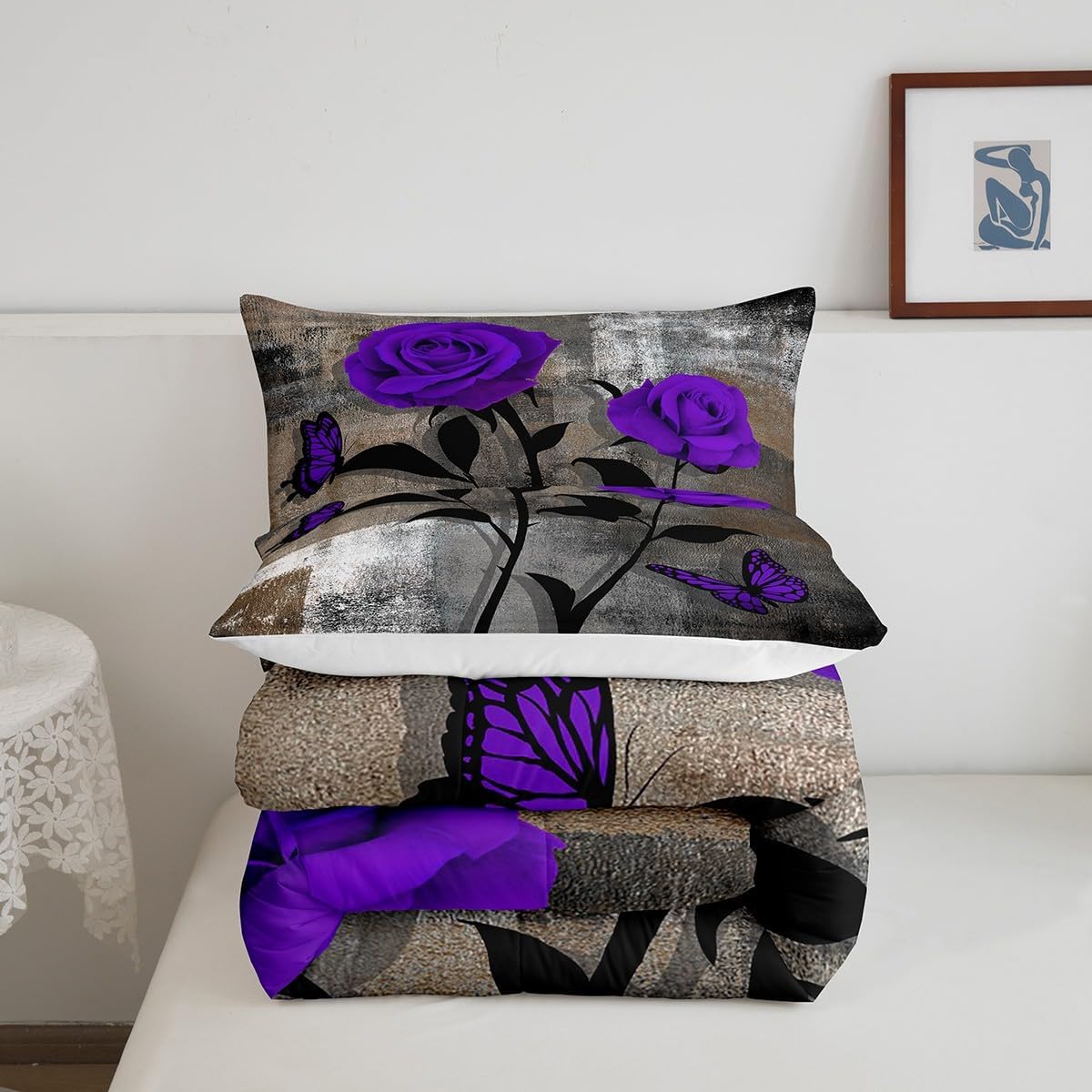 Erosebridal Juego de edredón de acuarela tamaño Queen, juego de ropa de cama de color marrón grunge y blanco degradado para adultos, romántico