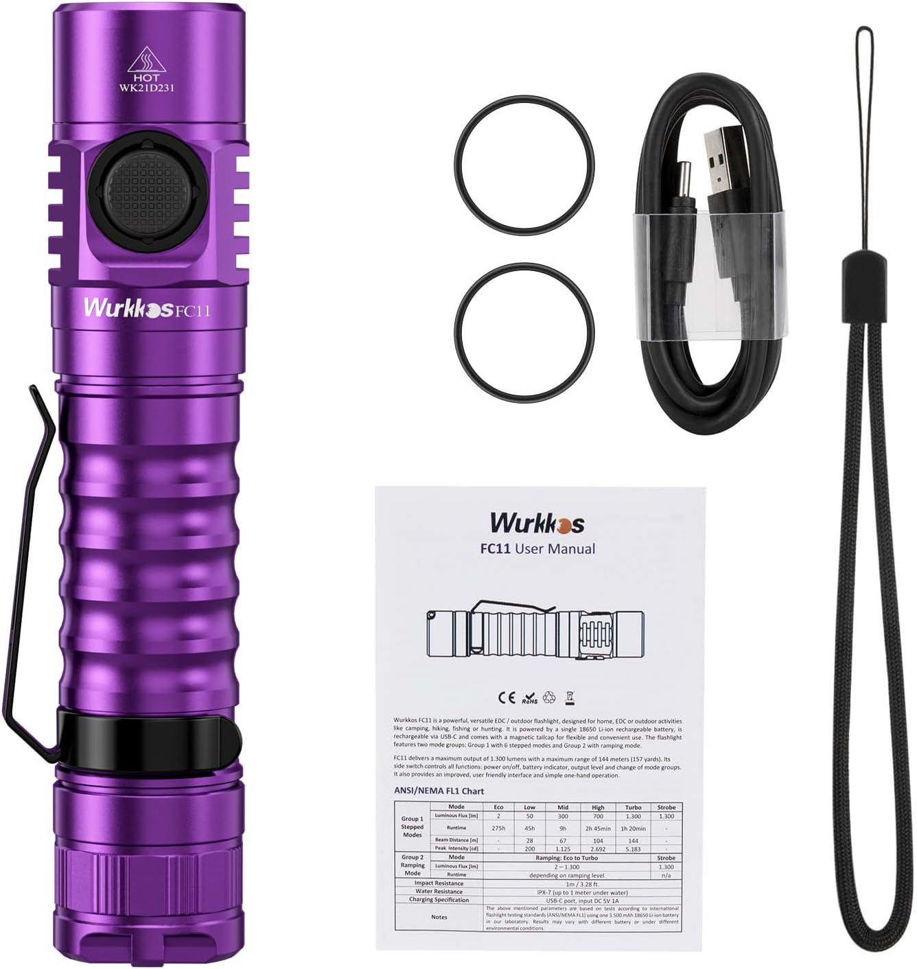 Wurkkos FC11 – Linterna LED de bolsillo de alta 90CRI, ultrabrillante, máximo de 1300 lúmenes, mini linterna USB C, linterna impermeable IP67, tapa