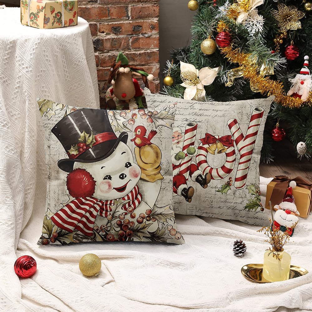 DFXSZ Juego de 4 fundas de almohada de Navidad de 20 x 20 pulgadas, diseño de reno, muñeco de nieve de Papá Noel, diseño vintage, decoración retro
