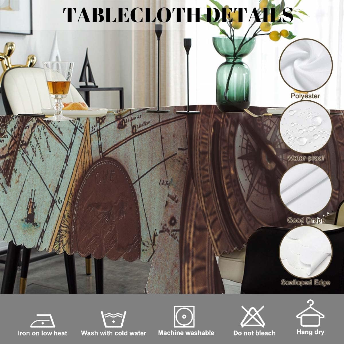 Swono Mantel rectangular con diseño de mapa del mundo antiguo, con brújula retro, llave de esqueleto, moneda, de bronce, mantel oblongo, de 52 x 70