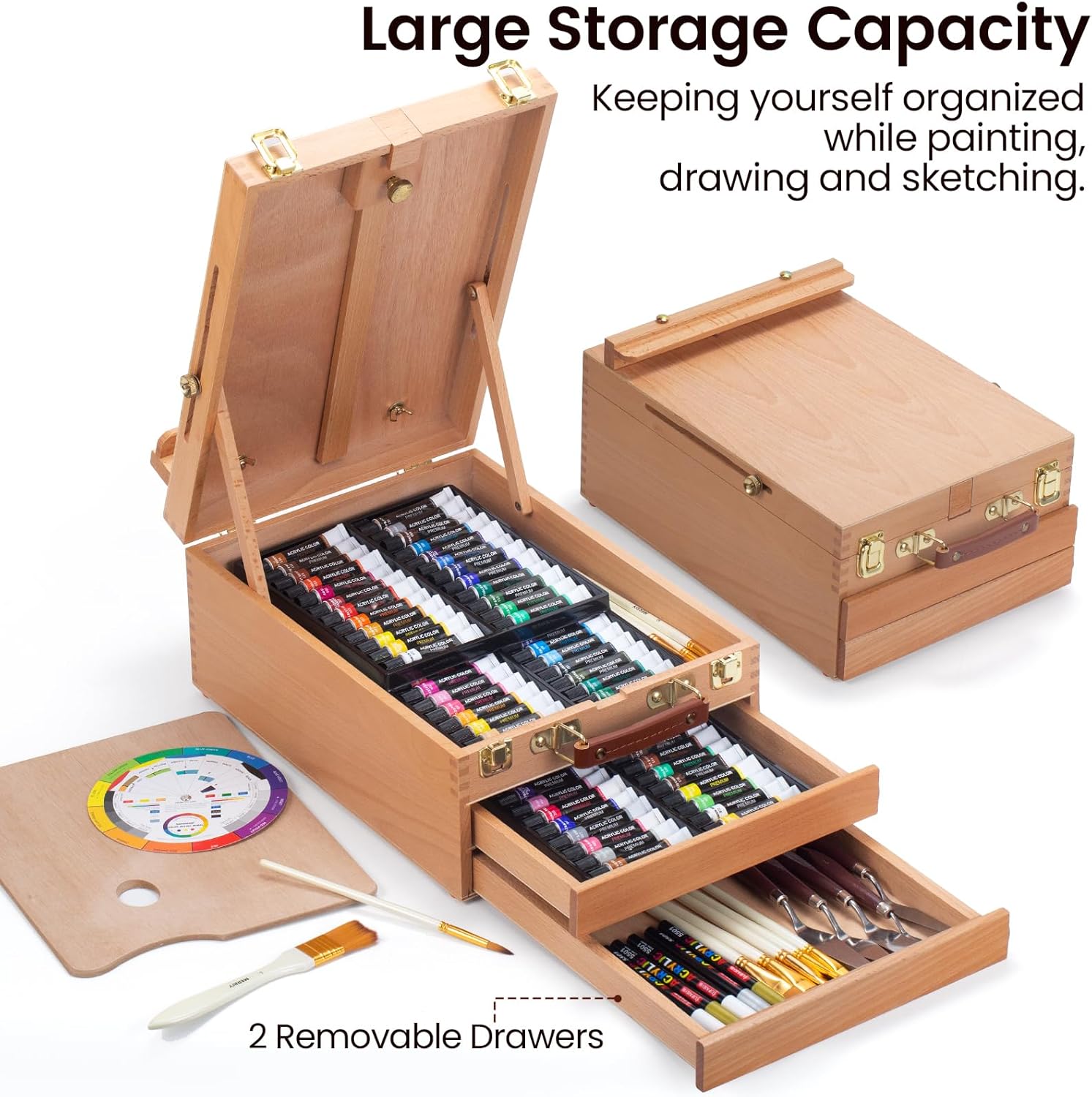 MERRIY Juego de pintura acrílica de 80 piezas, kit de suministros de pintura para artistas con caballete de caja de bocetos de mesa, pinturas