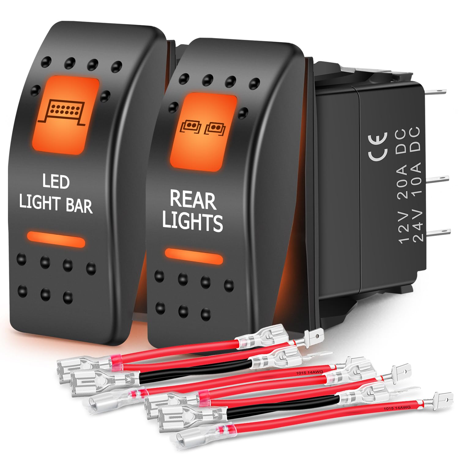 Nilight Paquete de 2 interruptores de luces traseras UTV, interruptor de barra de luz LED, interruptor SPST de 5 pines con retroiluminación naranja