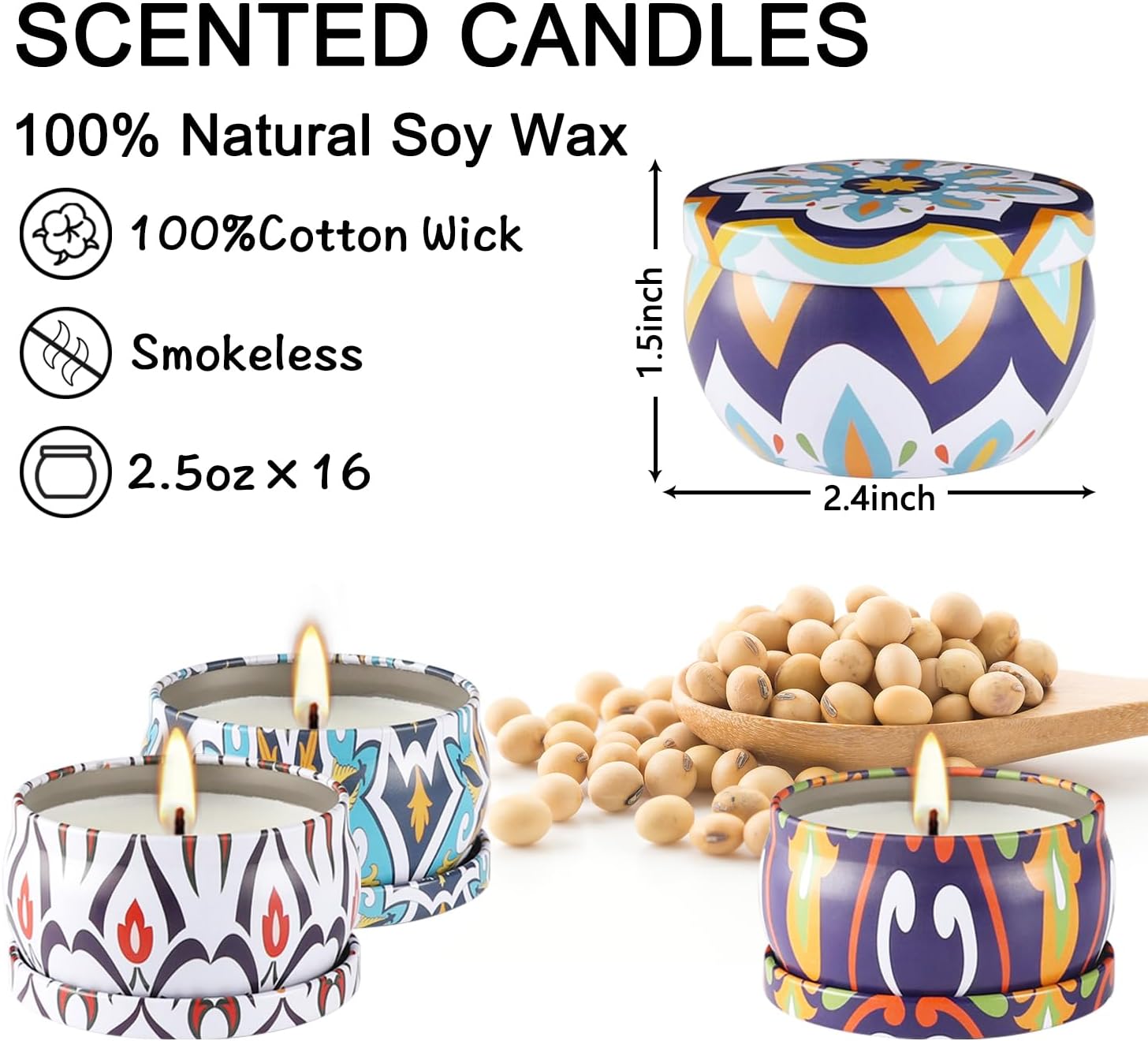 Paquete de 16 velas perfumadas de regalo para mujer, velas de aromaterapia, vela de lata de cera de soja de 2.5 onzas, regalo ideal para decoración