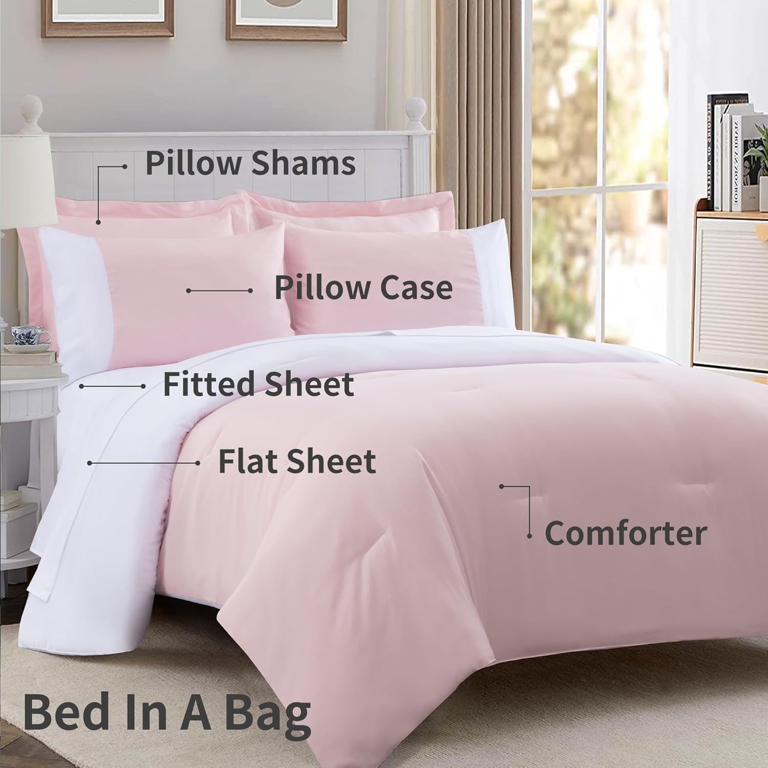 Kingsley trend Juego de edredón King de 7 piezas, ropa de cama tamaño King en bolsa, reversible, rosablanco, con edredón, sábanas planas y bajeras,