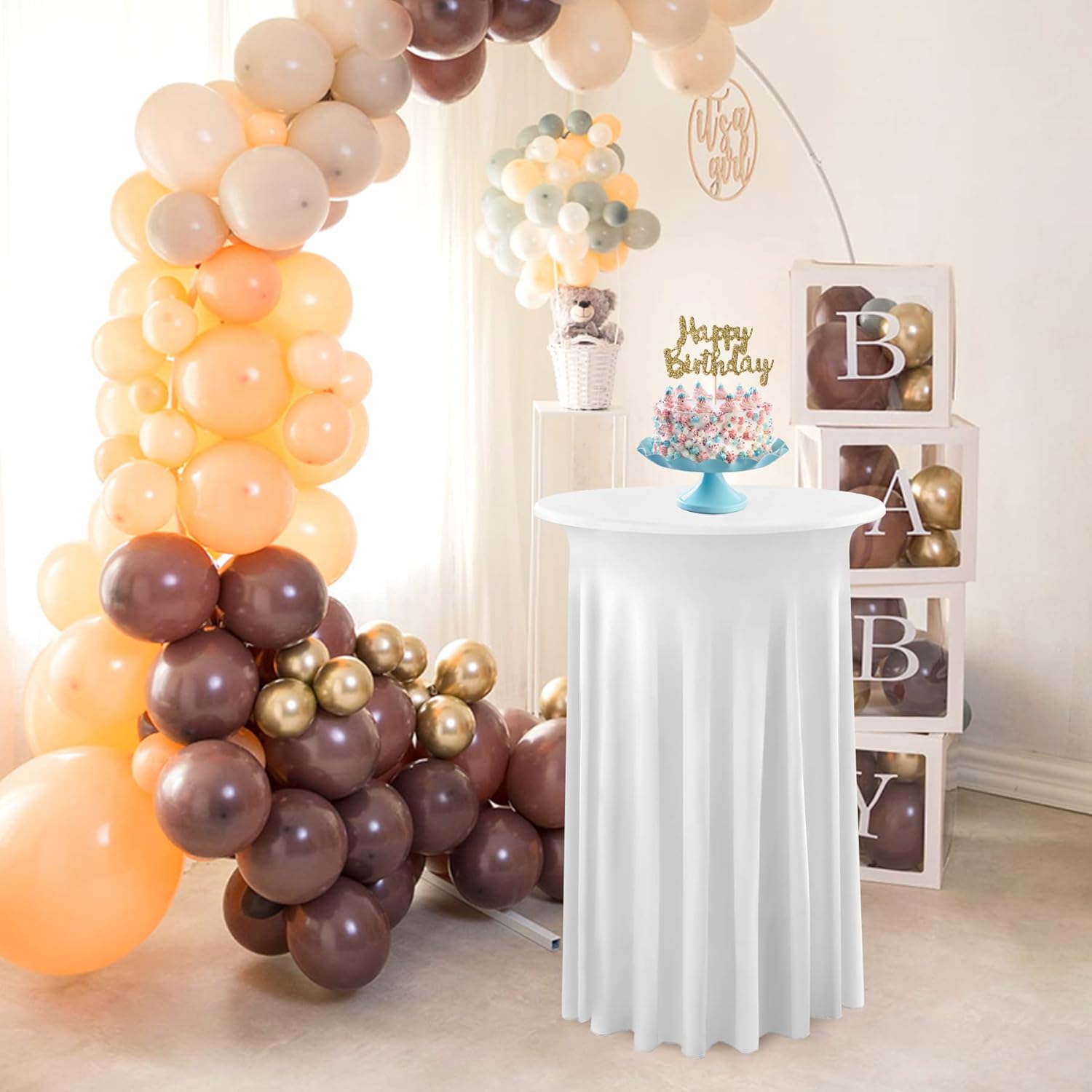Paquete de 4 manteles redondos blancos de 24 x 43 pulgadas, elásticos, sin arrugas, para cóctel, fiesta, boda, banquete, baby shower, decoración de
