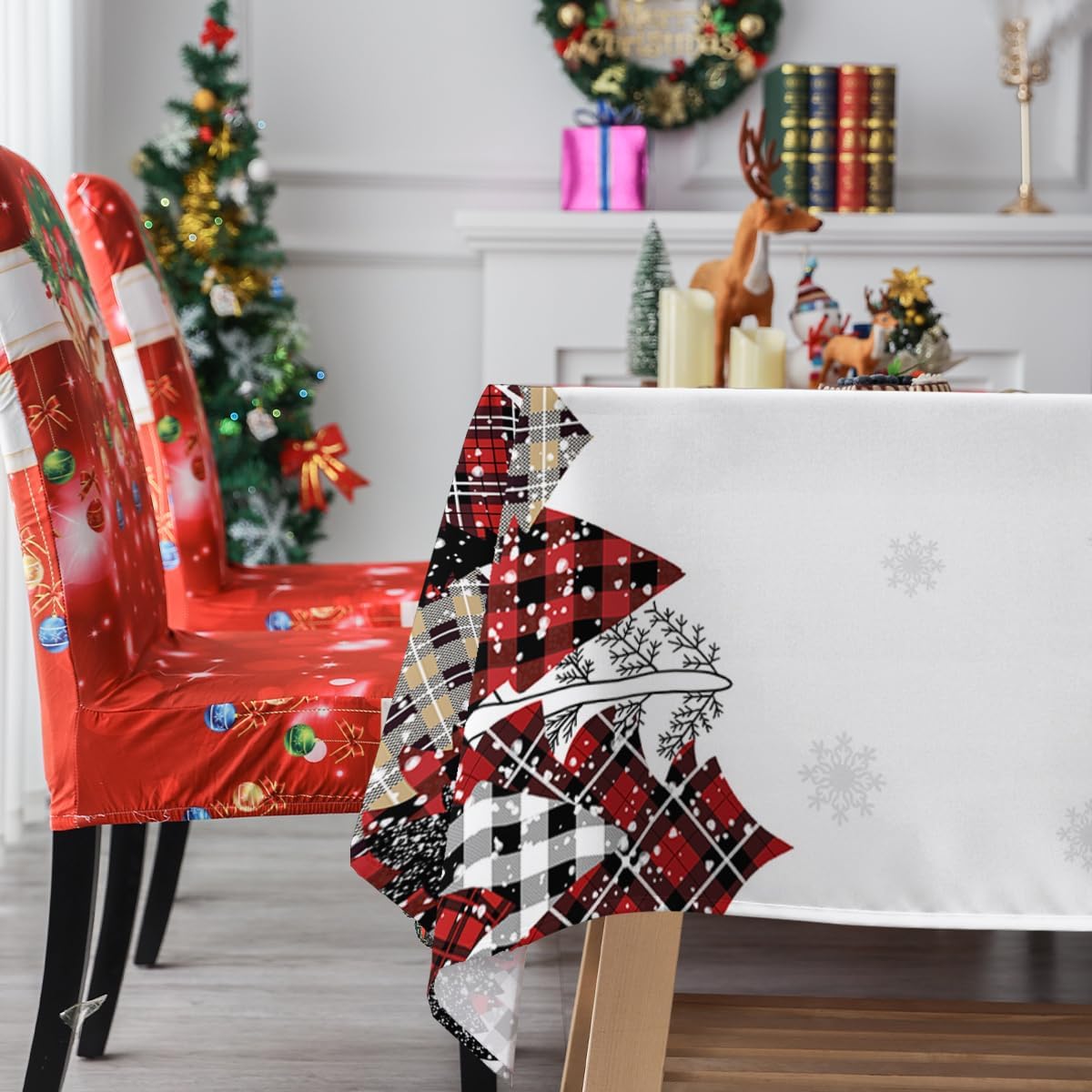 Mantel rectangular de Año Nuevo, 60 x 84 pulgadas, diseño de árboles de Año Nuevo, impermeable, resistente a las manchas y a las arrugas, lavable,