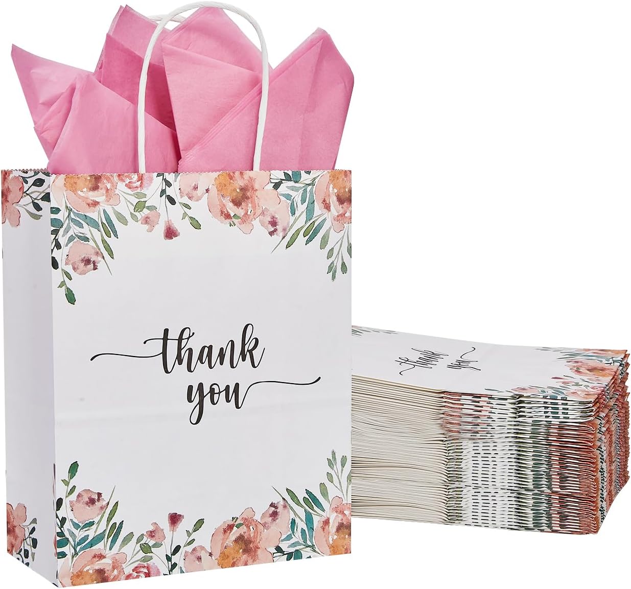 Paquete de 50 bolsas de regalo de papel de agradecimiento blancas y florales de primavera medianas con asas de 10 x 8 x 4 pulgadas y papel de seda