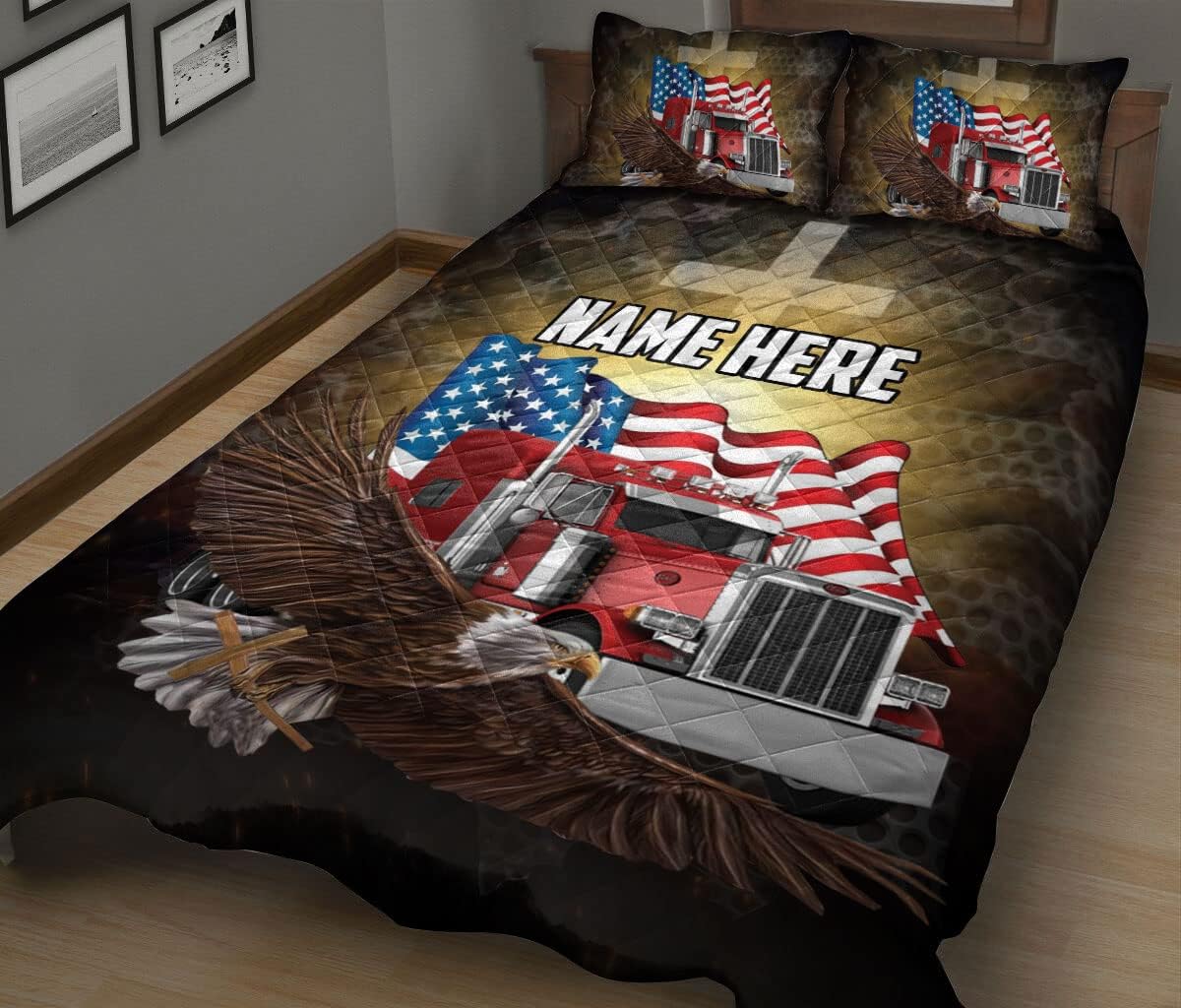 Juego de ropa de cama y fundas de almohada con diseño de bandera estadounidense con diseño de bandera estadounidense, diseño de camionero, juego de