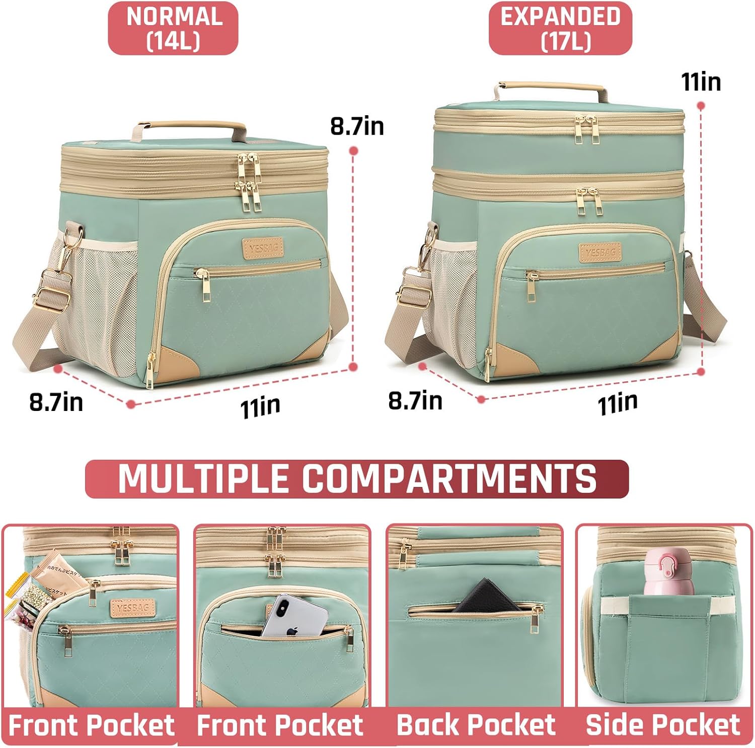 Bolsa de almuerzo para mujer, a prueba de fugas, aislada, suave, para adultos, con correa de hombro ajustable, para oficina, trabajo y picnic