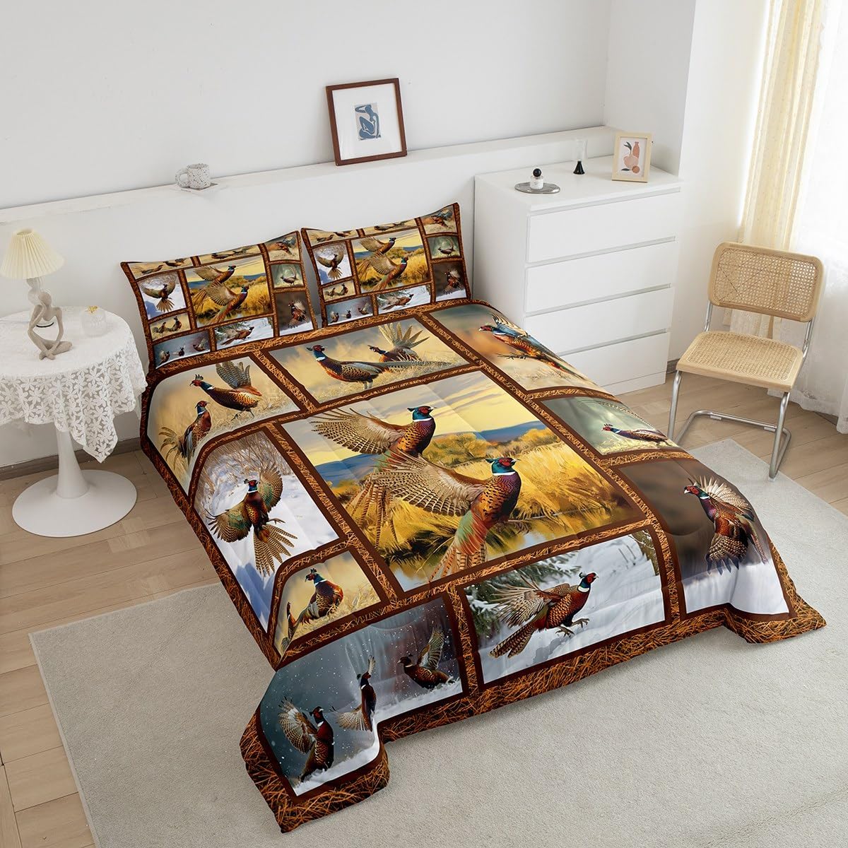 Erosebridal Juego de edredón de faisán para adolescentes y jóvenes, ropa de cama de animales de caza, tamaño individual, edredón vintage de paisaje