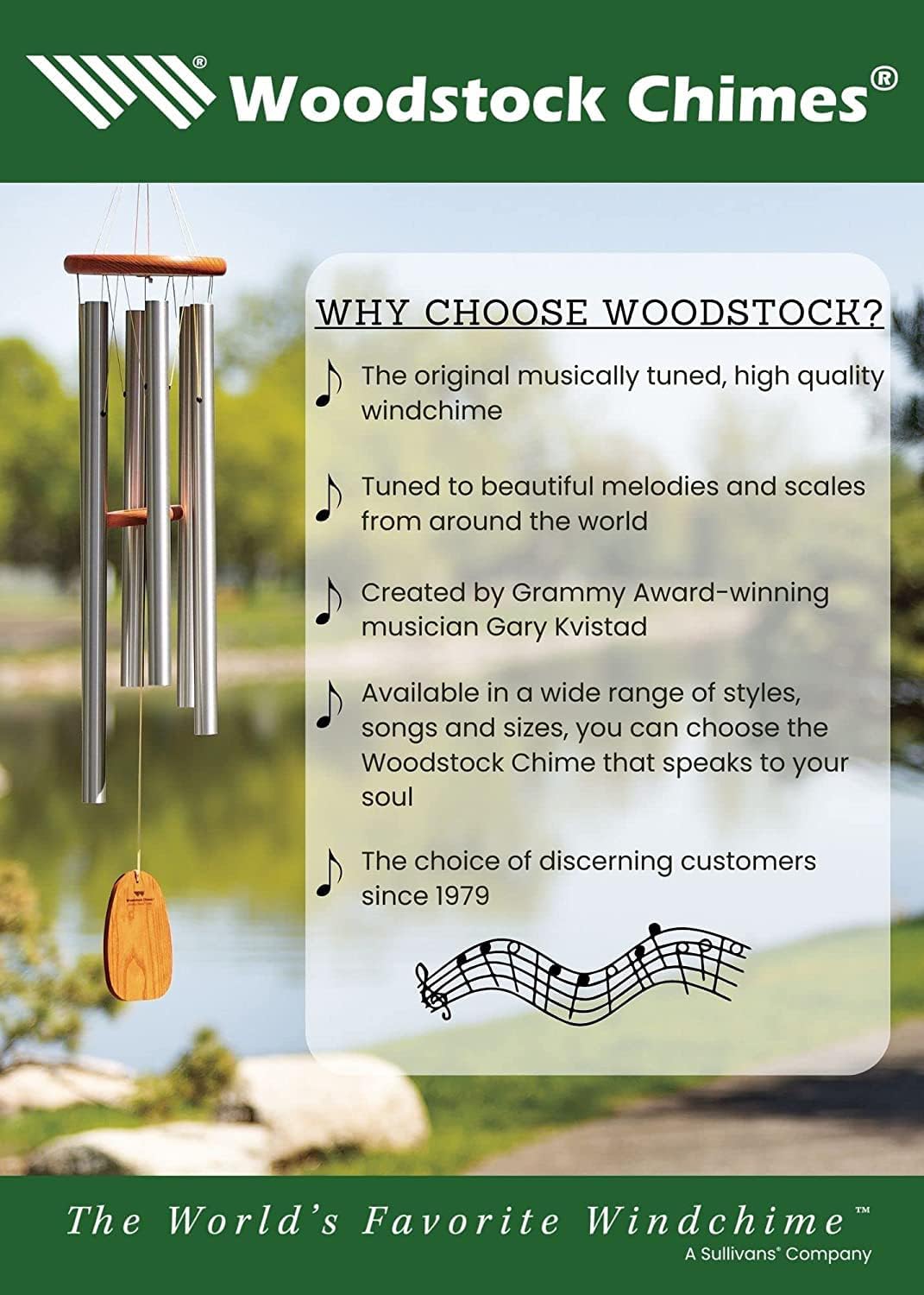 Woodstock – Campanillas de viento para exteriores, decoración al aire libre para tu patio y porche delantero, decoración de jardín (27 pulgadas),