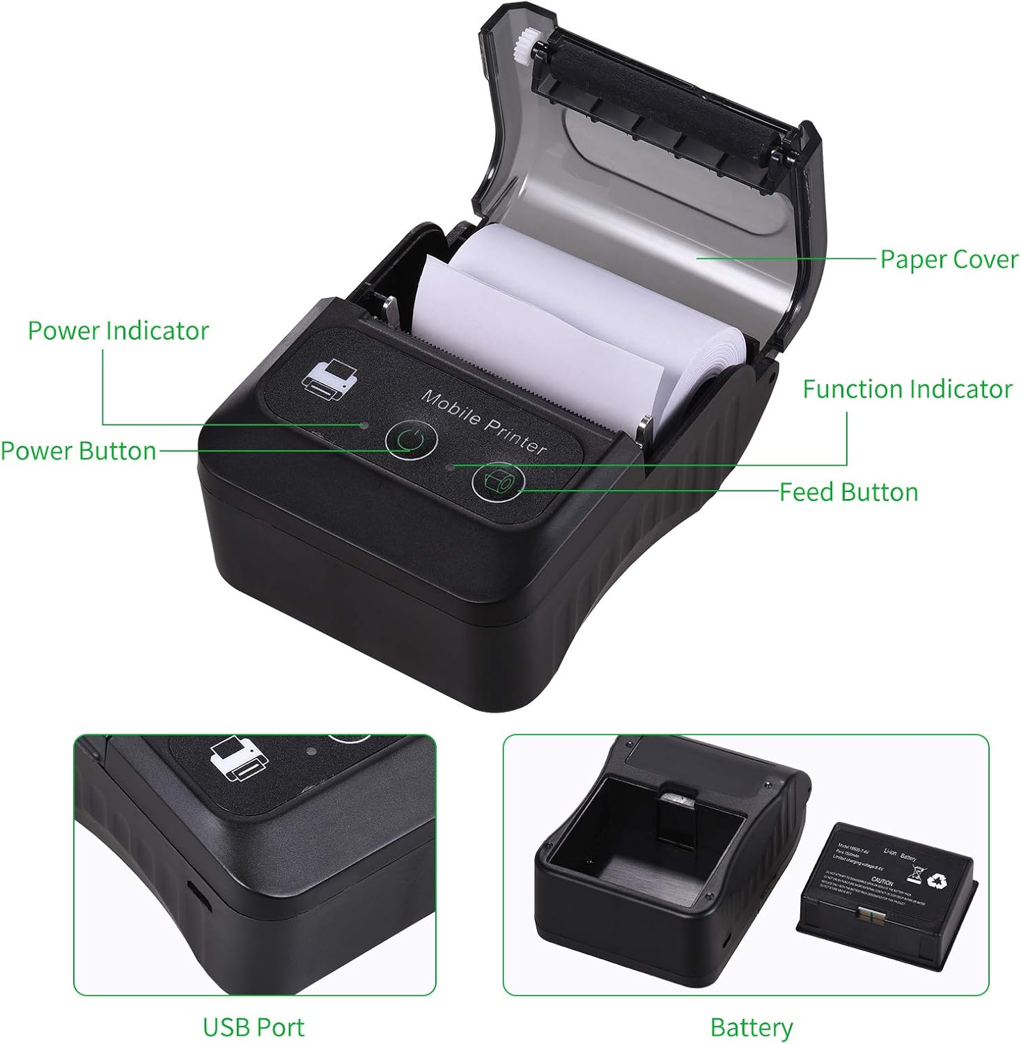 Impresora térmica de recibos portátil BT 2.283 in 2 pulgadas Mini USB Bill POS Impresora móvil Soporte ESCPOS Comando de impresión compatible con