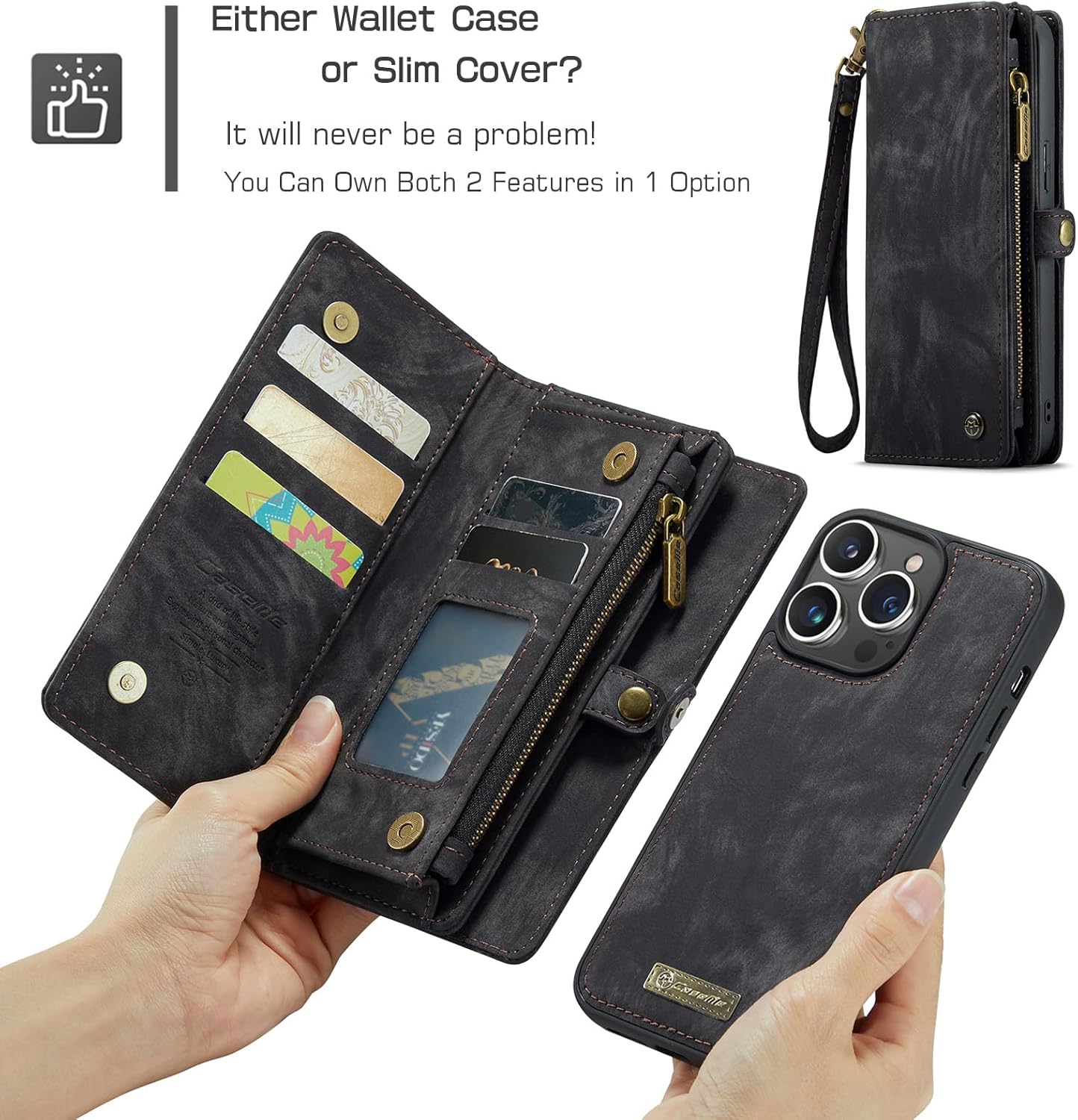 Kowauri Funda tipo cartera para iPhone 15 Pro Max, cartera de piel con cremallera, cartera de piel con tarjetero y correa para la muñeca,