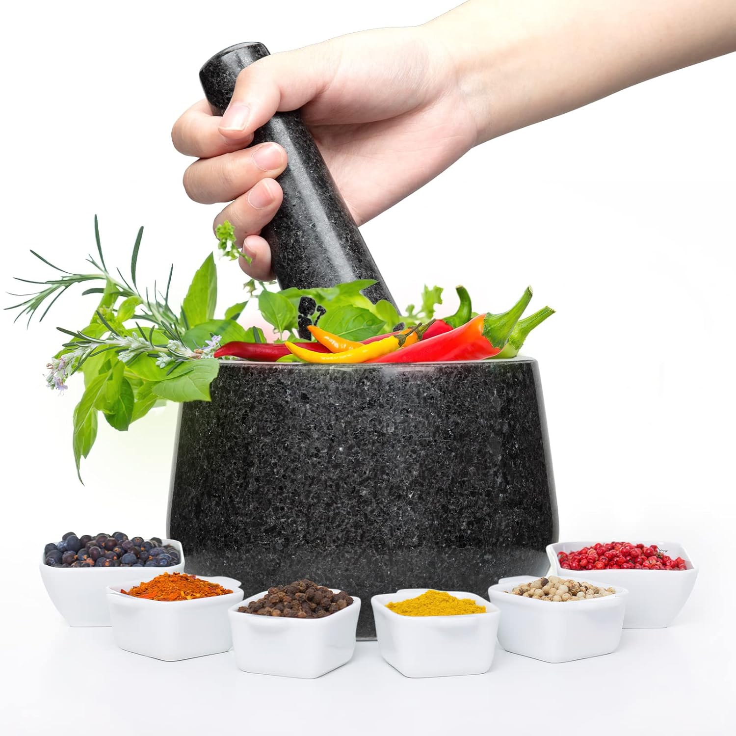 Juego de mortero y mortero de granito natural resistente, mortero de granito pulido de 4 tazas de 7 pulgadas, molinillo de piedra sólida,