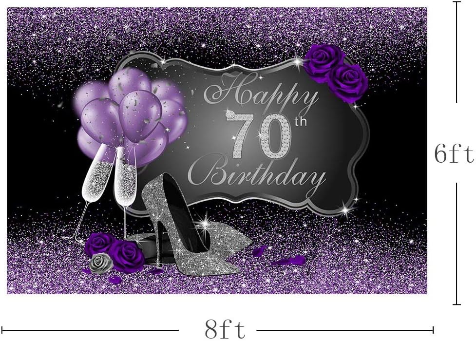 MEHOFOTO Fondo fotográfico negro y morado con tacones altos plateados, globos de rosa morada para fiesta de cumpleaños número 70, telón de fondo