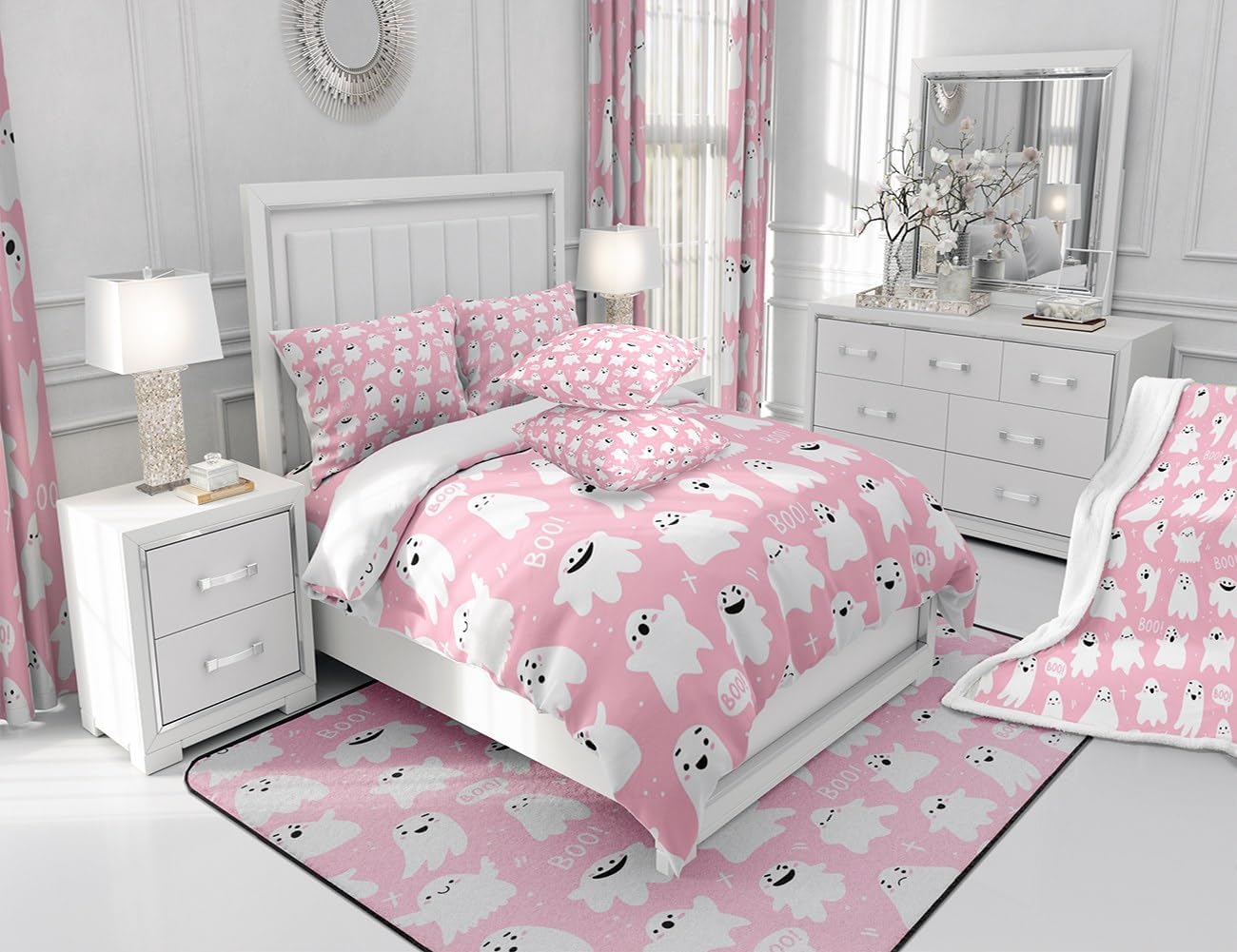 Manfei Manta de fantasmas de Halloween con temática de Halloween para sofá, manta de cama rosa de Halloween para niños, niñas y adultos, decoración