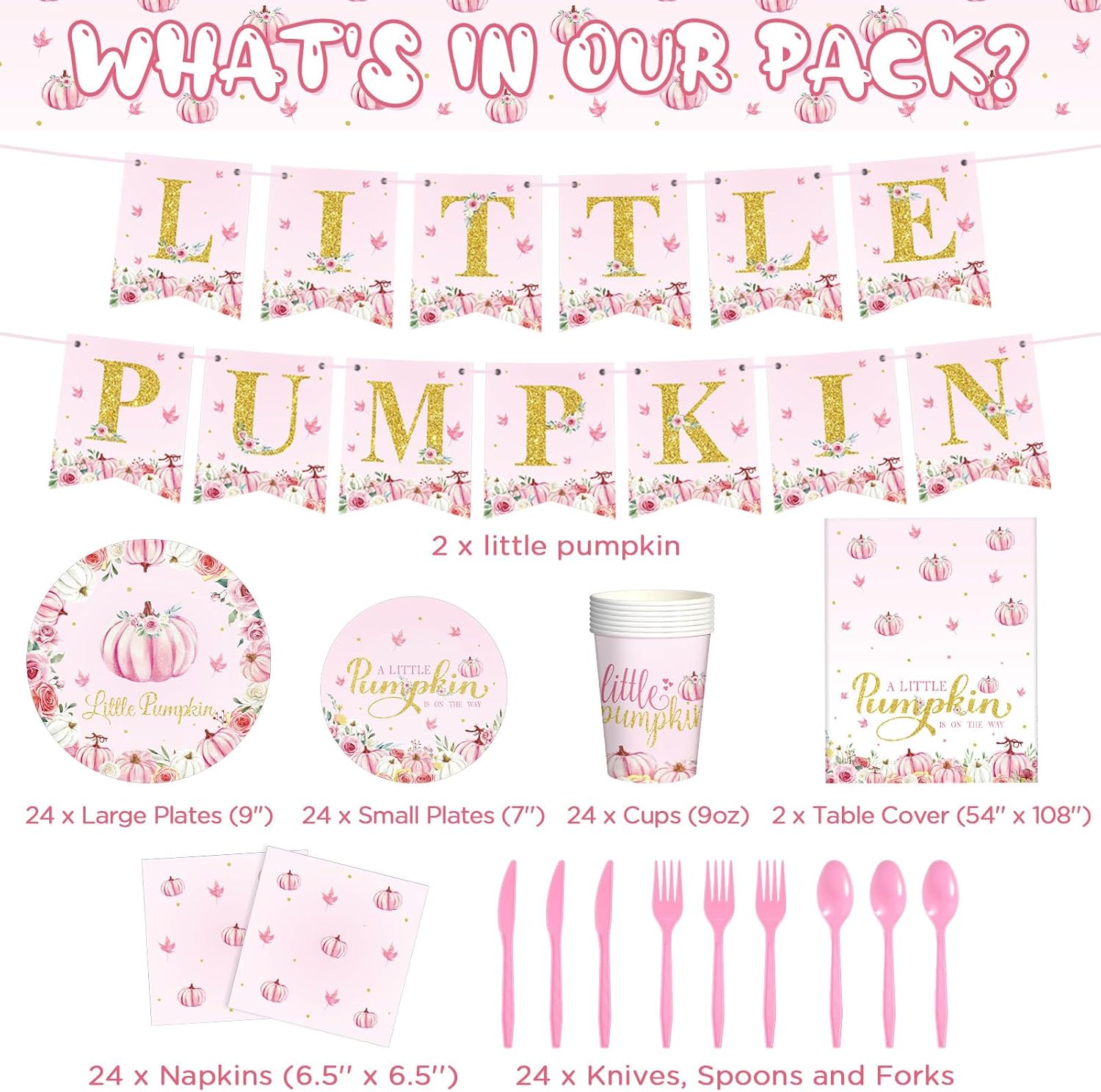 172 piezas de suministros de fiesta de calabaza pequeña incluyen mantel de otoño rosa con texto en inglés “A Little Pumpkin Is on the Way”, juego de