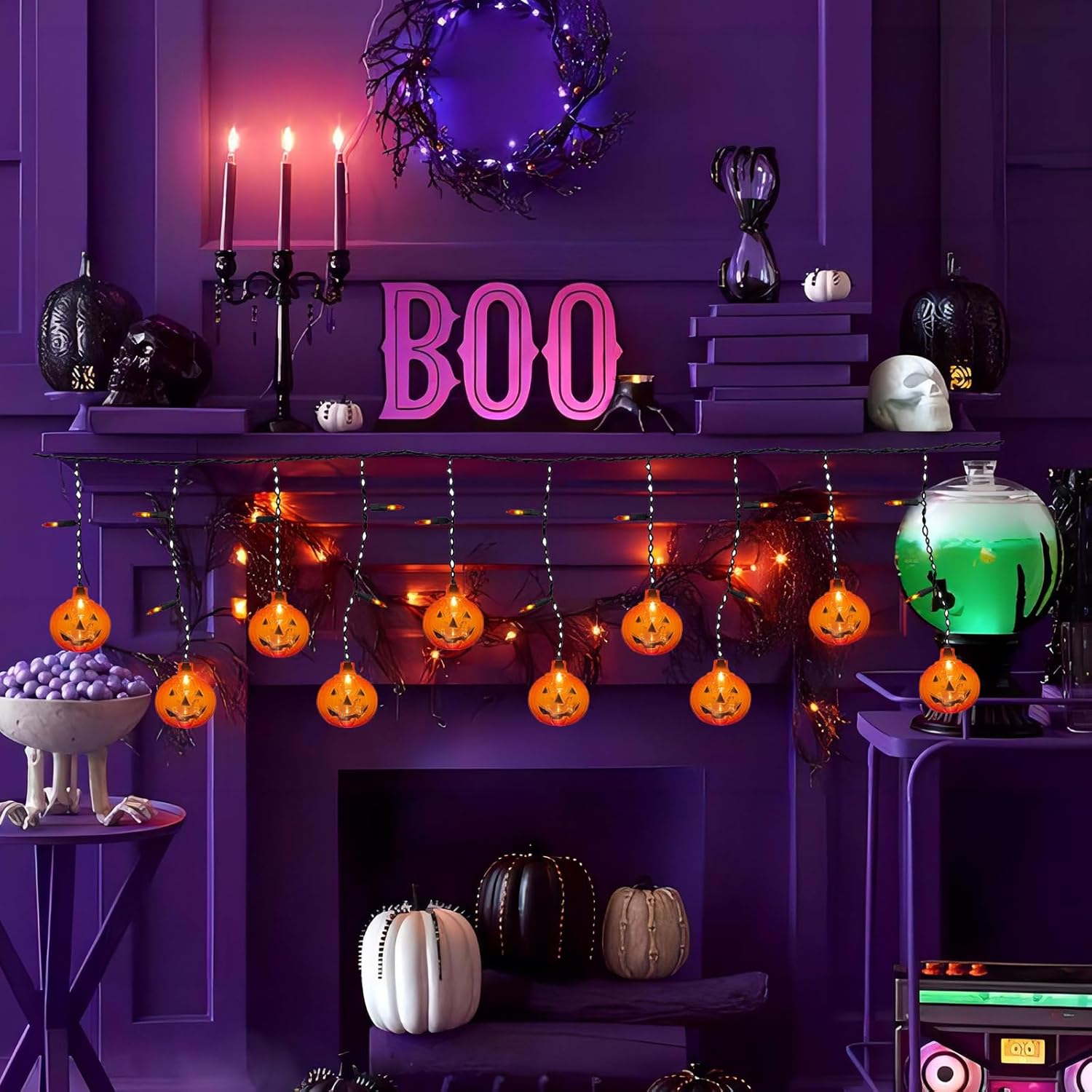 Konictom Cadena de luces de cortina de calabaza, tira de luces de calabaza de 7 pies enchufable con 10 mini calabazas y 25 mini bombillas,