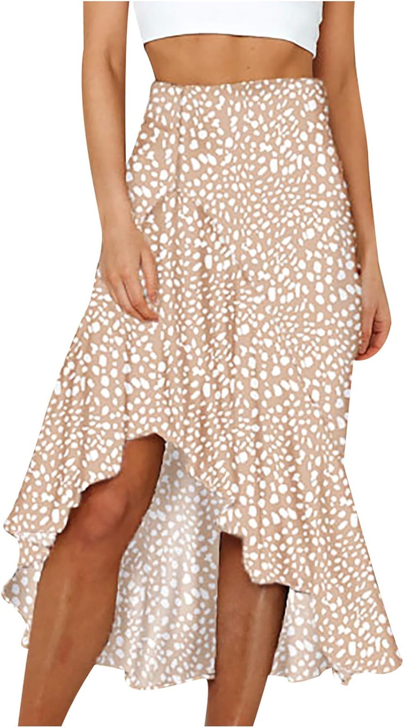 Bravetoshop – Falda midi de cintura alta con estampado floral bohemio para mujer, falda asimétrica con volantes y dobladillo acampanado