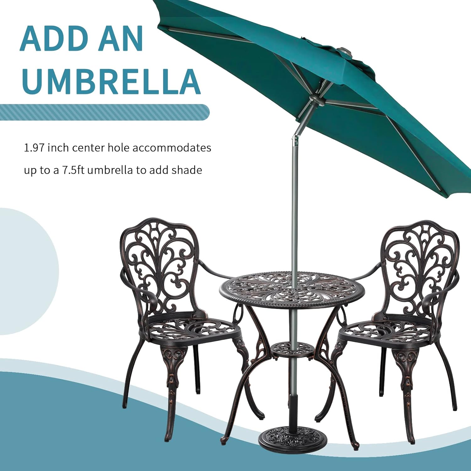 Withniture Bistro – Juego de 3 piezas de mesa y silla de bistró al aire libre, juego de 2 muebles de patio de aluminio fundido con agujero para