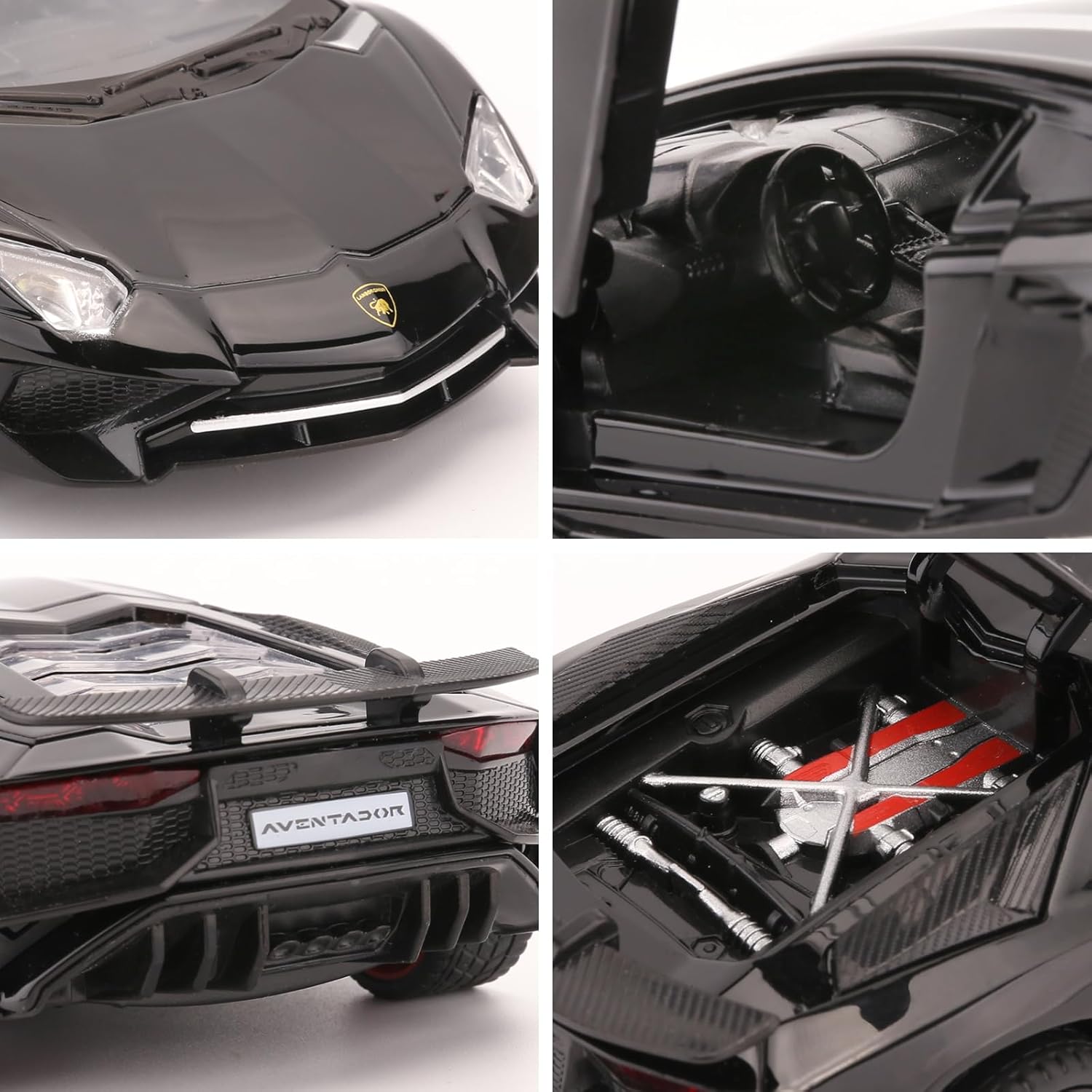 BDTCTK 132 Lambo LP750 Modelo Pull Back Car Coche de juguete con sonido y luz para niños y niñas, cuerpo de metal, puerta abierta, negro