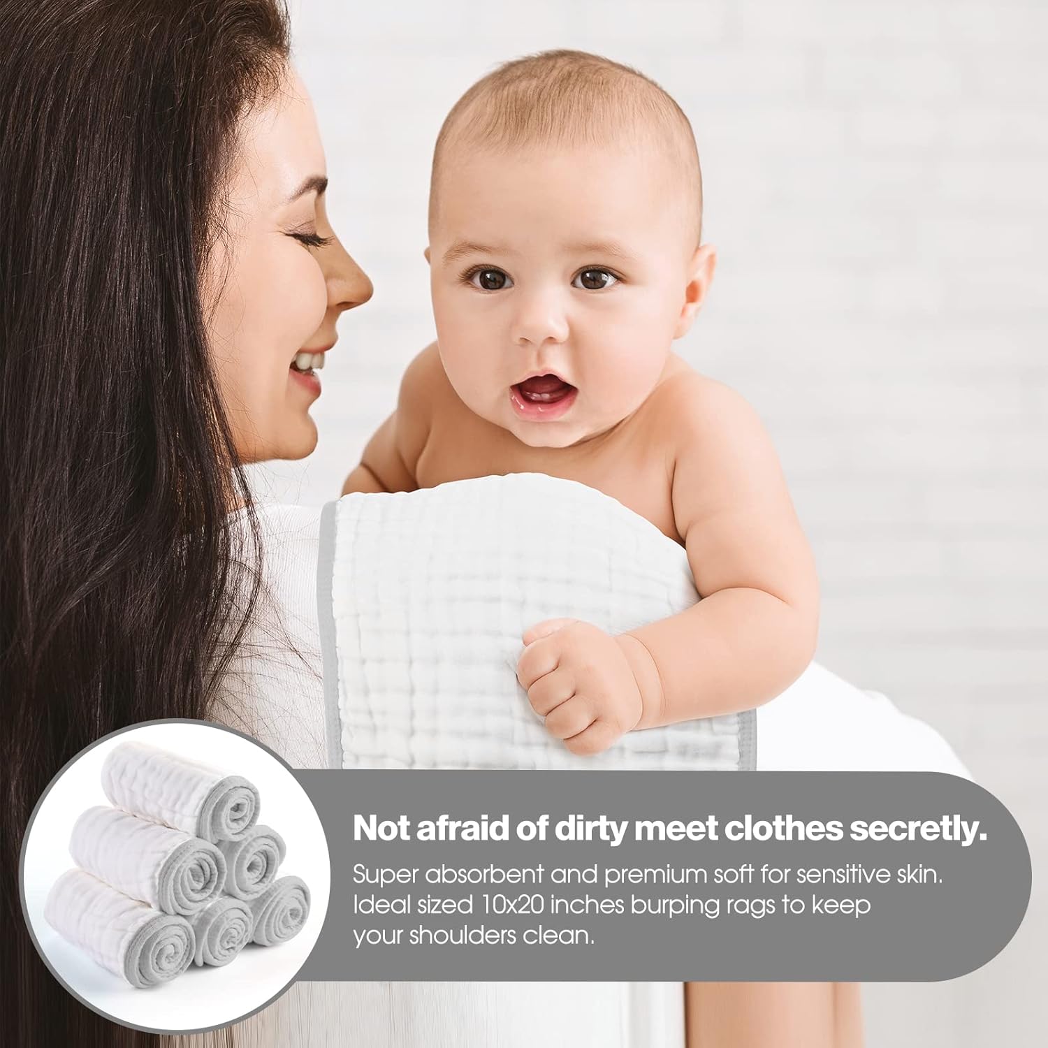 MUKIN Juego de paños para eructos unisex para recién nacidos, paquete de 6 baberos para niños y niñas (gris)