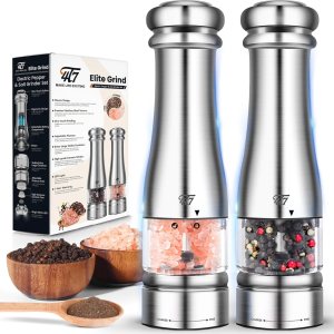 4T7 Juego de molinillo de sal y pimienta, molinillo de pimienta con gran capacidad, operación con una mano, acero inoxidable completo, grosor 4T7 Juego de molinillo de sal y pimienta, molinillo de pimienta con gran capacidad, operación con una mano, acero inoxidable completo, grosor