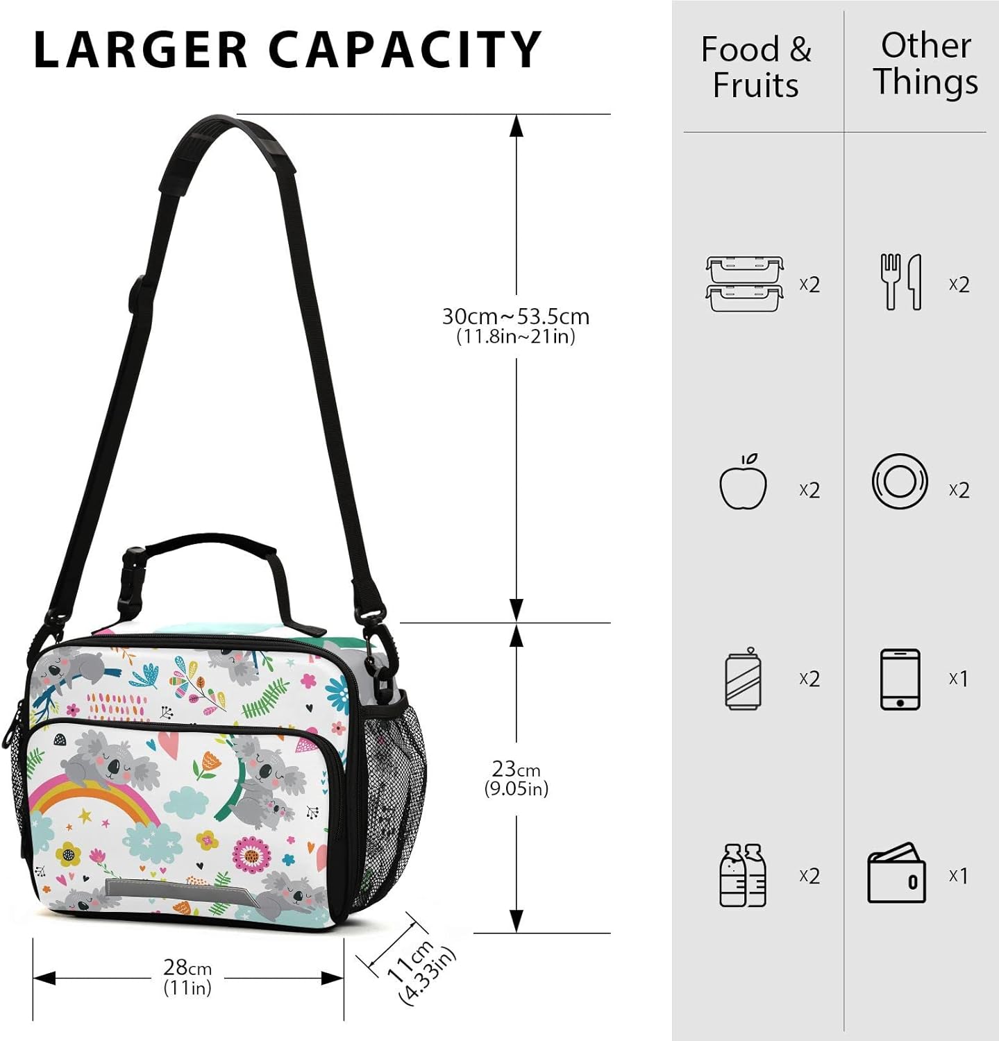 Linda lonchera con estampado de flores de koala para niños y niñas, bolsa de almuerzo aislada para niños, correa de hombro, reutilizable, para la